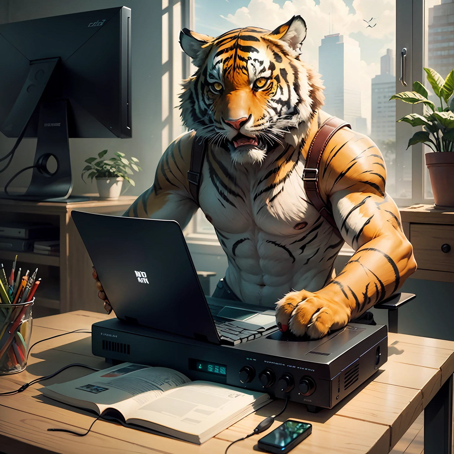 Comic book style tiger, holding computer, game console, anthropomorphic, flower, tech style --auto