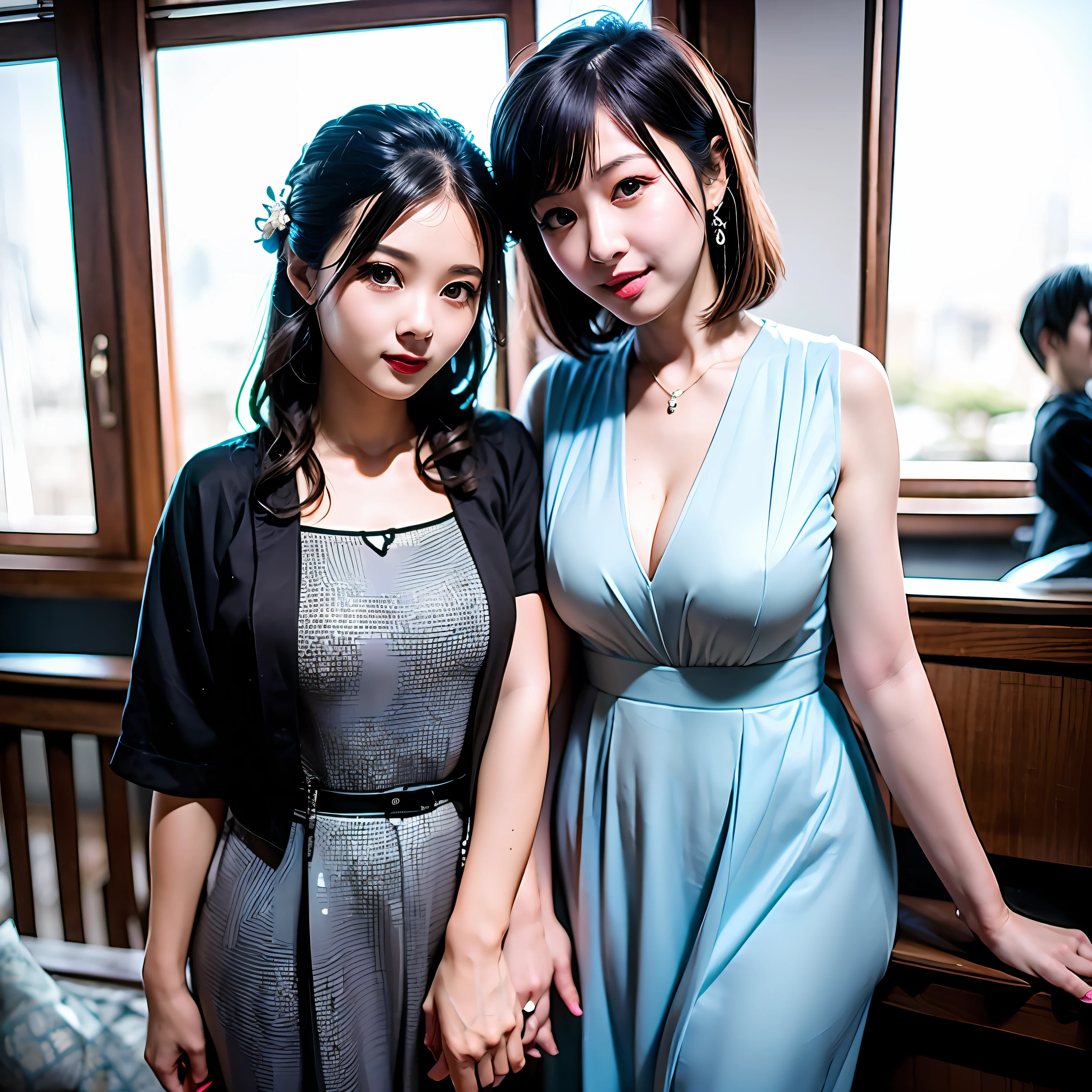 Generate a photo of Japan mother and her . Mother should be a little fat, a cute and bright woman. You want the photo to look realistic, so please dress in plain clothes. --auto