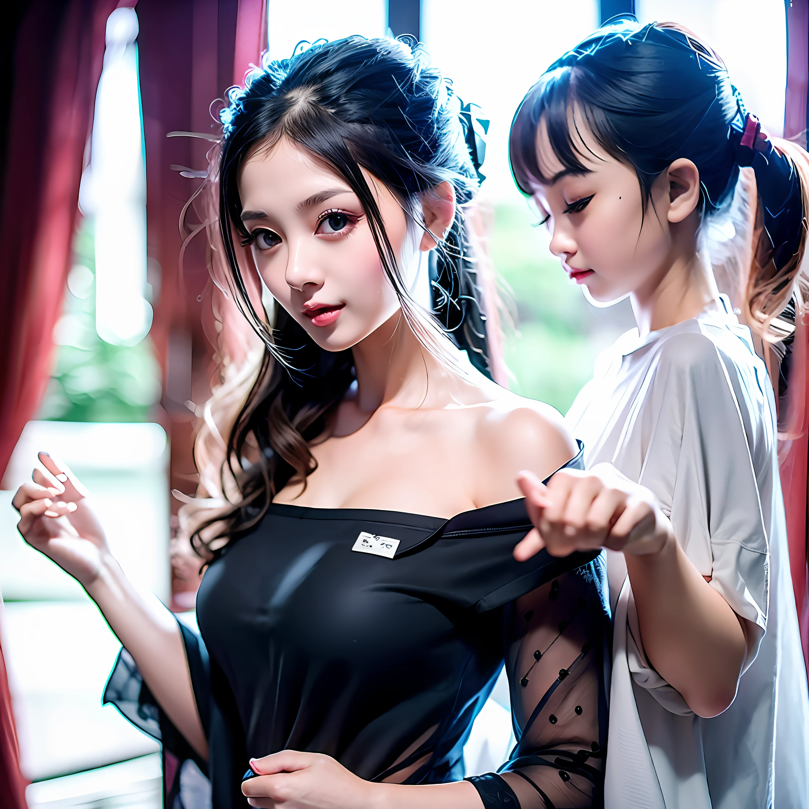 Generate a photo of Japan mother and her child. Mother should be a little fat, a cute and bright woman. You want the photo to look realistic, so please dress in plain clothes. --auto