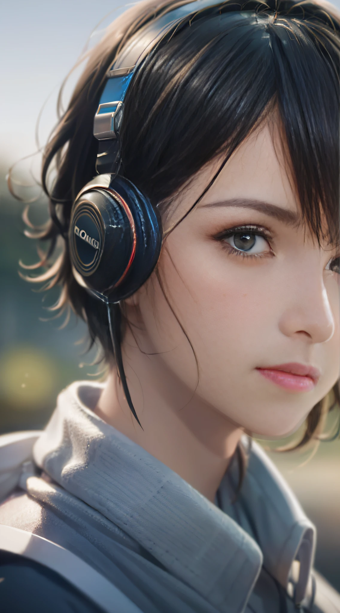 Cinematic portrait photography, 1girl,short hair, serene, calm, (realistic detail eyes, natural skin texture, realistic face details), soft dramatic lighting, depth of field, bokeh, vibrant detail, fine detail, surreal, 35mm film, hazy blur, film, headphones, storm suit