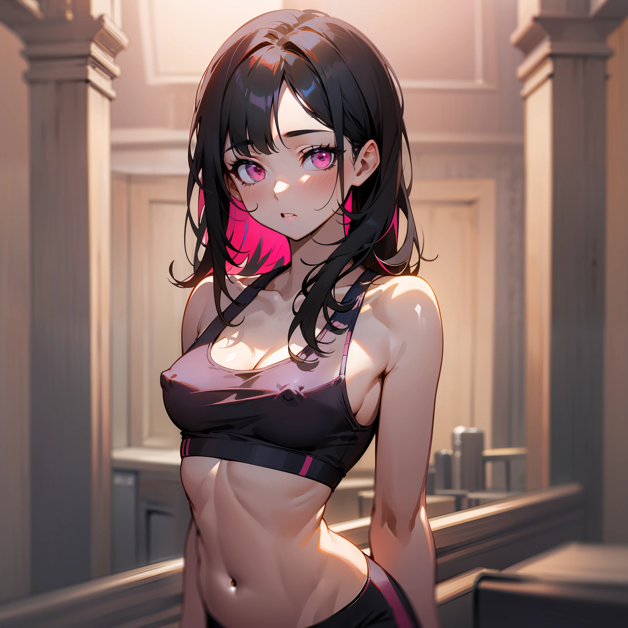 , fair skin, slender, ribs, black hair, pink eyes, sports bra, standing up, sheer, lower breasts, small breasts, breasts without bulging