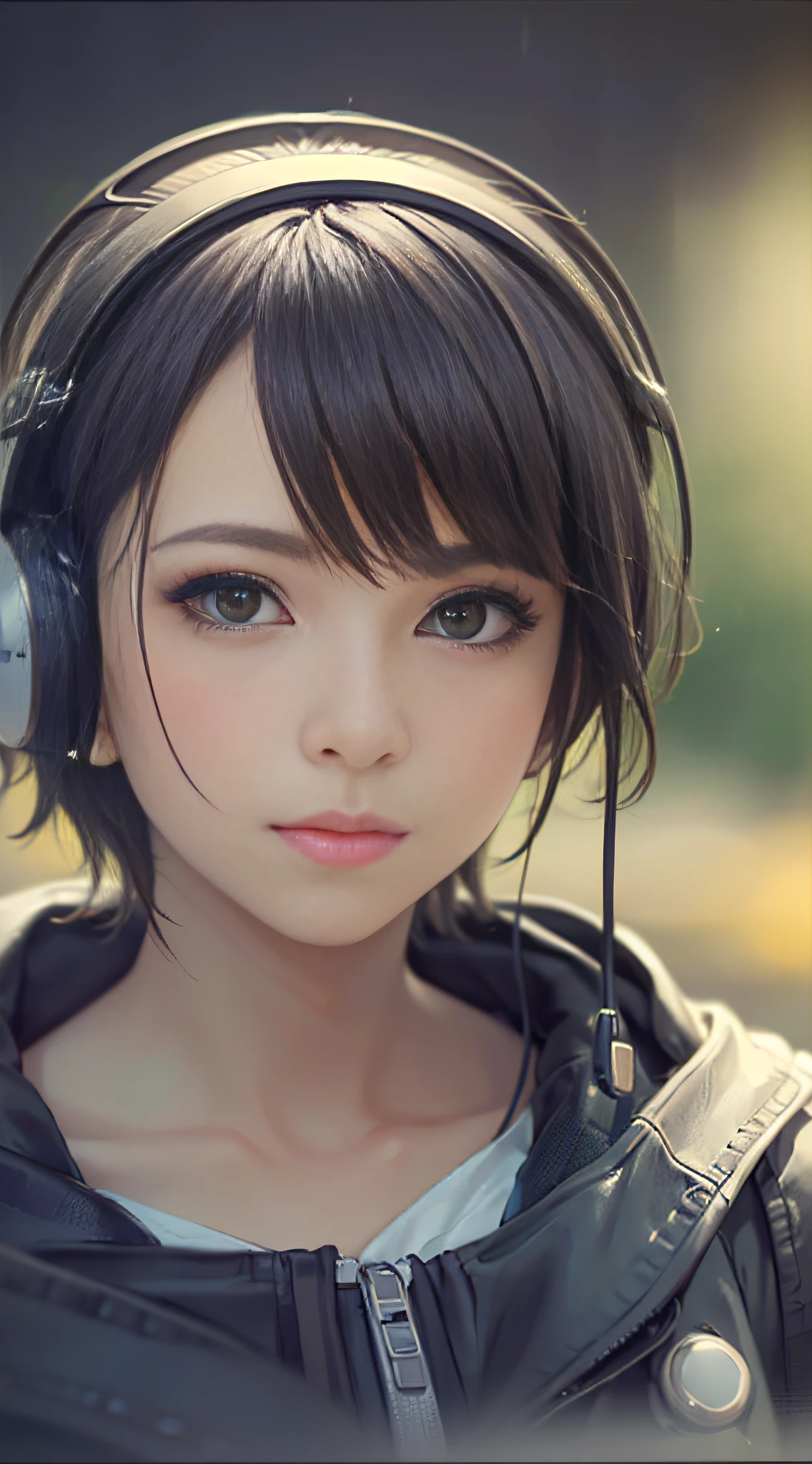 Cinematic portrait photography, 1girl,short hair, serene, calm, (realistic detail eyes, natural skin texture, realistic face details), soft dramatic lighting, depth of field, bokeh, vibrant detail, fine detail, surreal, 35mm film, hazy blur, film, headphones, storm suit