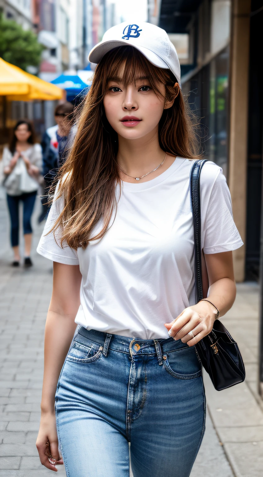 (Best Quality, 8K, Masterpiece: 1.3), Focus: 1.2, Highly Detailed Face and Skin Texture, Detailed Eyes, Side to Lens, Whitened Skin, Long Hair, Real Photo, Baseball Cap, Real Skin, Japanese Woman, Fair Skin, Bright Light, Shoulder Bag, Side to Camera, Best Quality 8K, Walking on the Sidewalk in White Short Sleeve Jeans, Soft and Flowing, Soft Light, Feel the Coolness of the Breeze on Your Cheeks, Delicate Face, Real People, Ultra HD