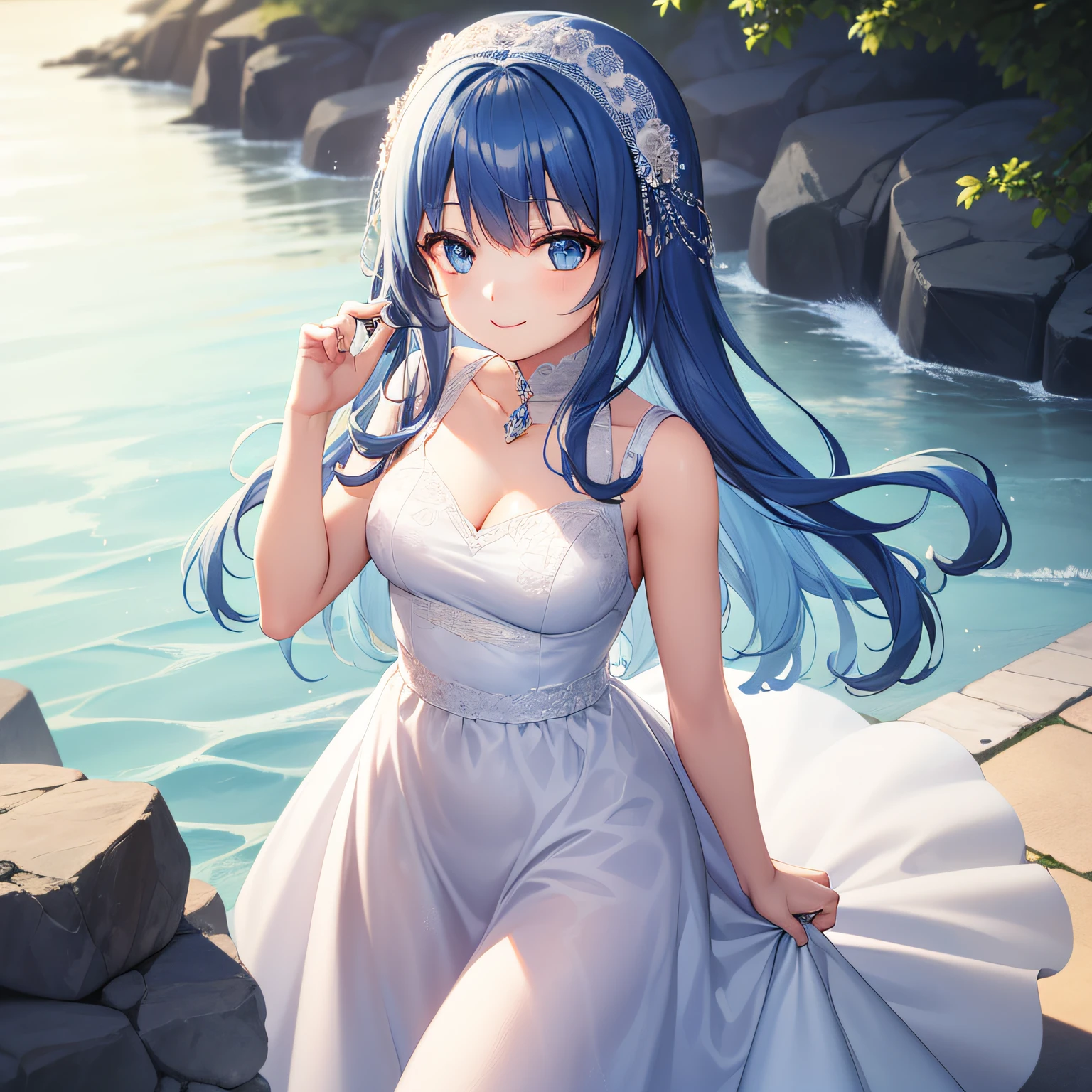 top quality, very delicate and beautiful, girl in her early s, young, ((blue hair as in the sea)), white dress, blue eyes, standing, smile,