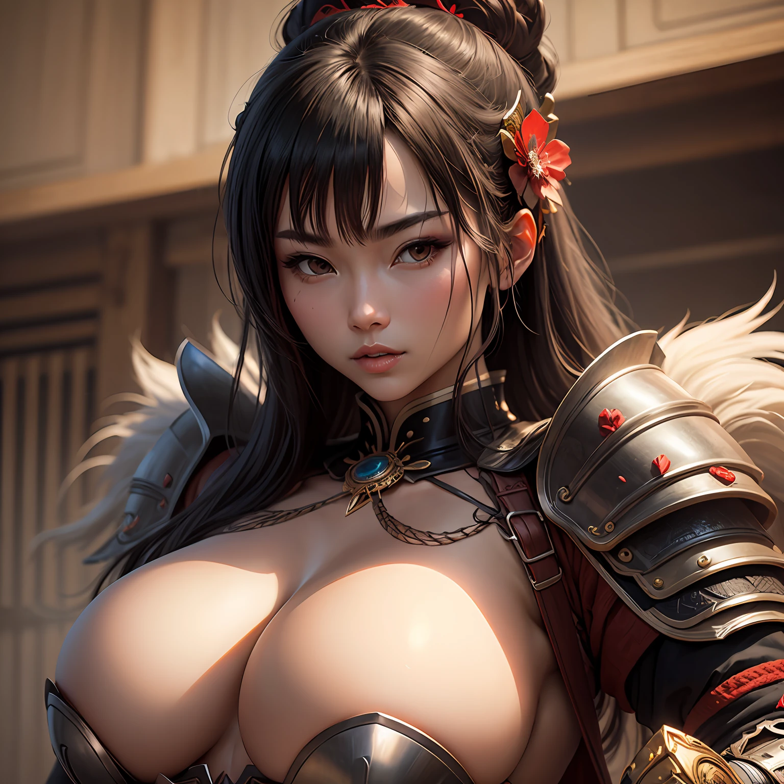 samurai woman, samurai armor reveals parts of woman's body, sexy samurai woman, holding the sword sheath --auto