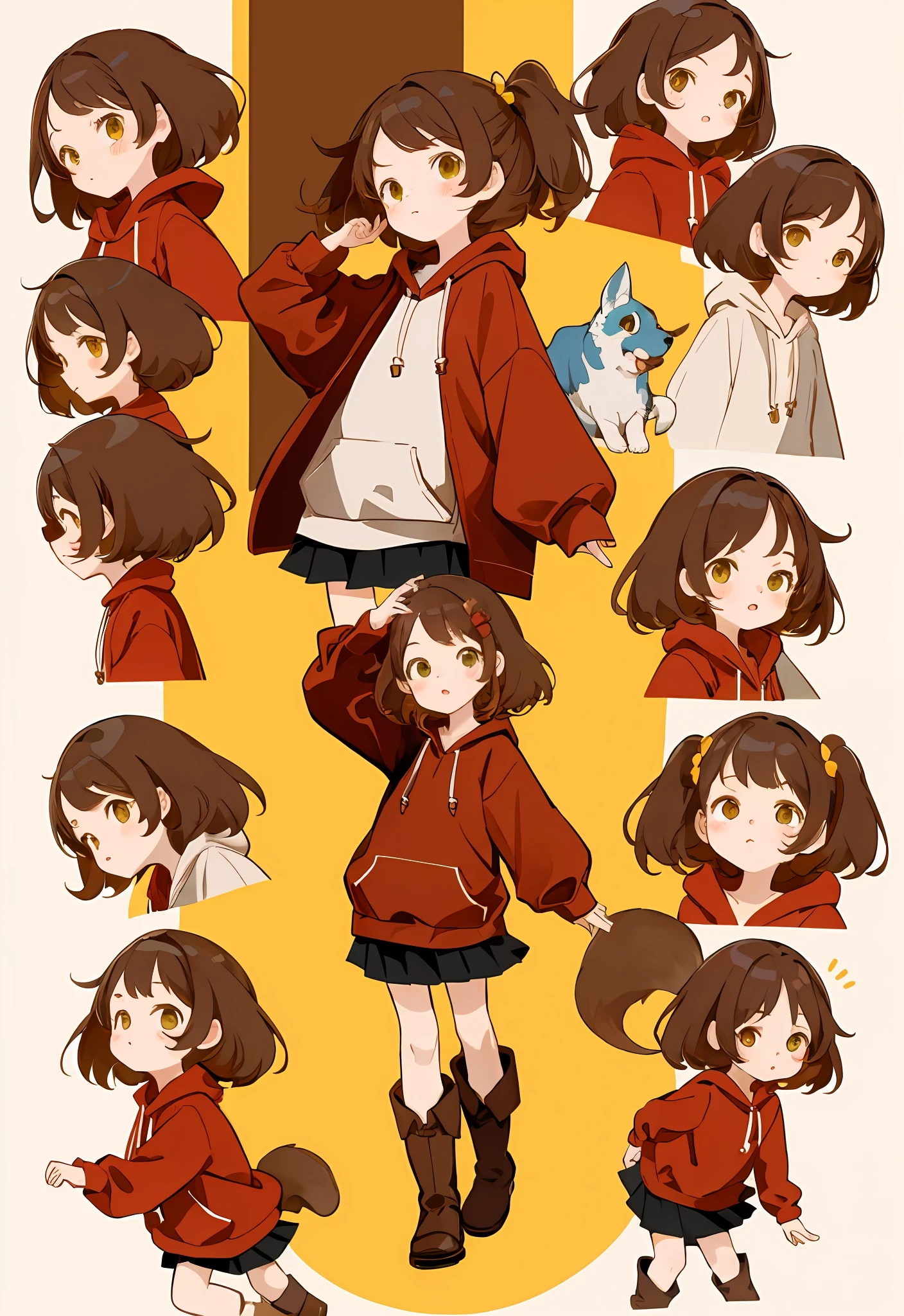 , muliple poses and expressions, children's book illustrations style, simple, cute, full colour, Brown boots, Red hoodie, skirt, dark yellow hair, flat colour ,white background --no pet --niji 5