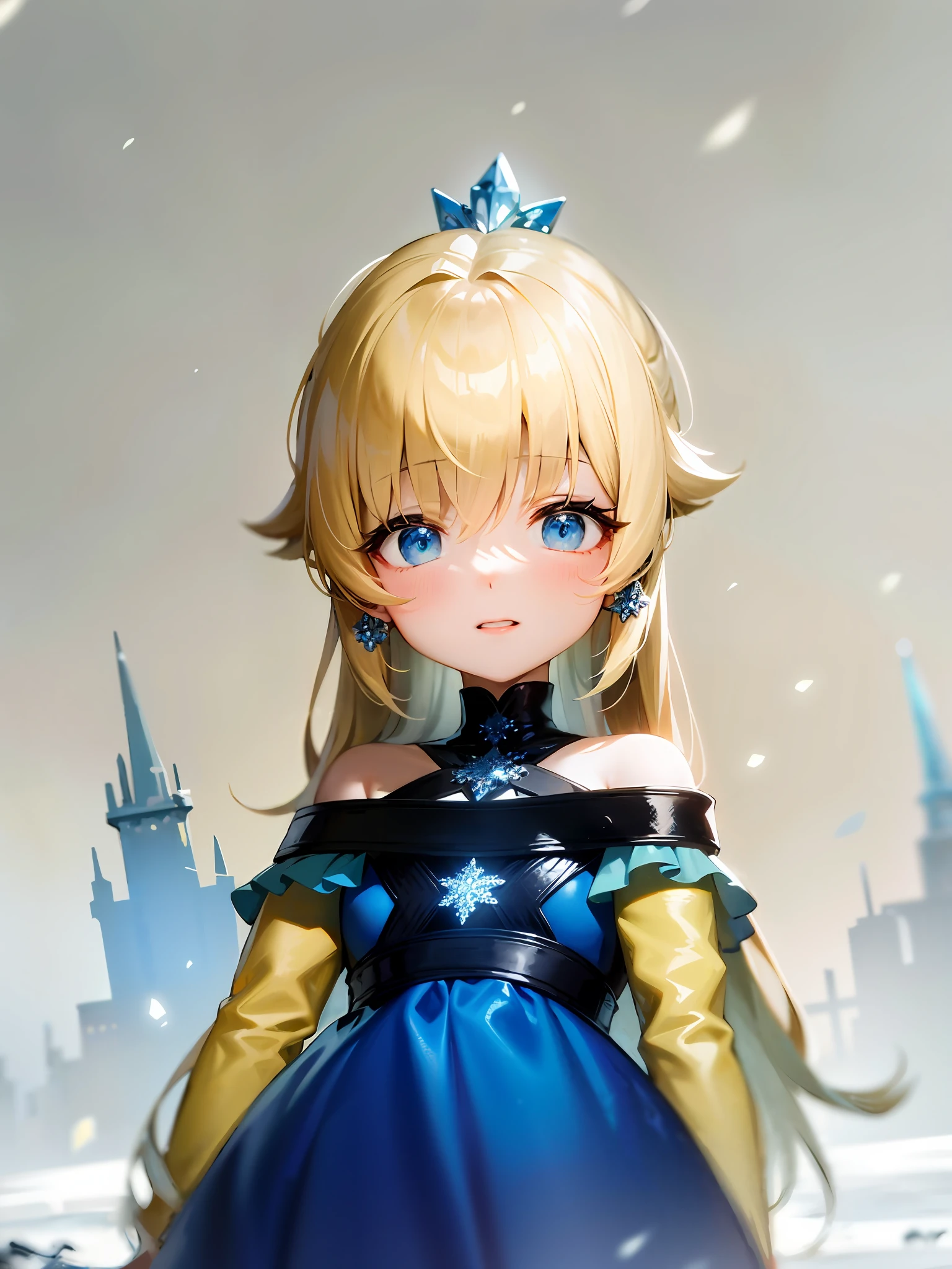 Big sky blue eyes, long blonde hair, gradient blue dress, blonde princess, inspired by Princess Elsa of Frozen, snowy, hands draped in yellow satin long sleeves