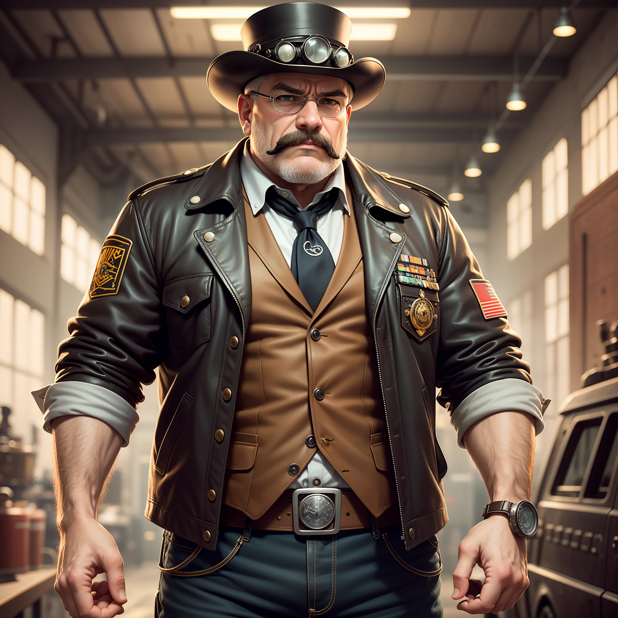 UmHome Detective, Conceptual Art, Realism, Godley, Film Lighting, Multiview, Canon, UHD, High Detail, High Quality, HD, 16k, Steampunk, Strong Big Middle Aged Man, Steampunk, Vintage Pilot Goggles, Leather Jacket, Leather Vest, Leather Pants, White Shirt, Top Hat, (Face: 1.3), Face, Detailed face, perfect eyes, serious expression, skinhead, mustache, industrial background, intricate details, natural light, correct anatomy, good composition, masculine image, manly, refreshing and clear skin texture, holding a handgun in right hand