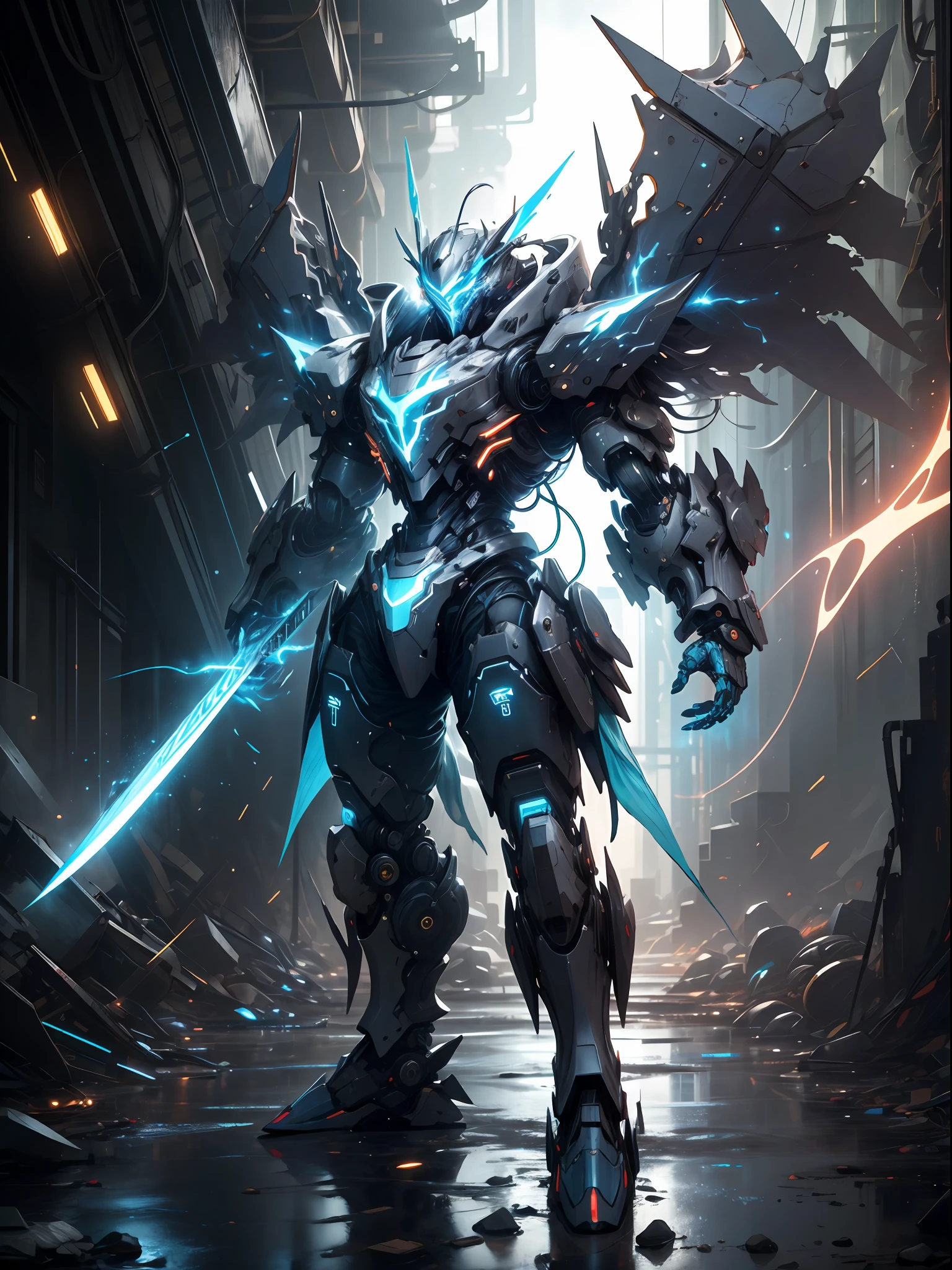 Blue Ghost Hunter, Super Cool Ghost Killer, Wearing Blue Mechanical Armor, Lightning Surrounding, Katana Handheld, Frontal Standing, Super Detail, Realistic, Shiny, Reflective, Bioluminescence, Galactic Cybernetic Mask, Mecha, (Executioner: 1.2), Cloak, SH4G0D, GlowingRunes_red, Full Body, Movie, Dark Background, Backlight, High Contrast,