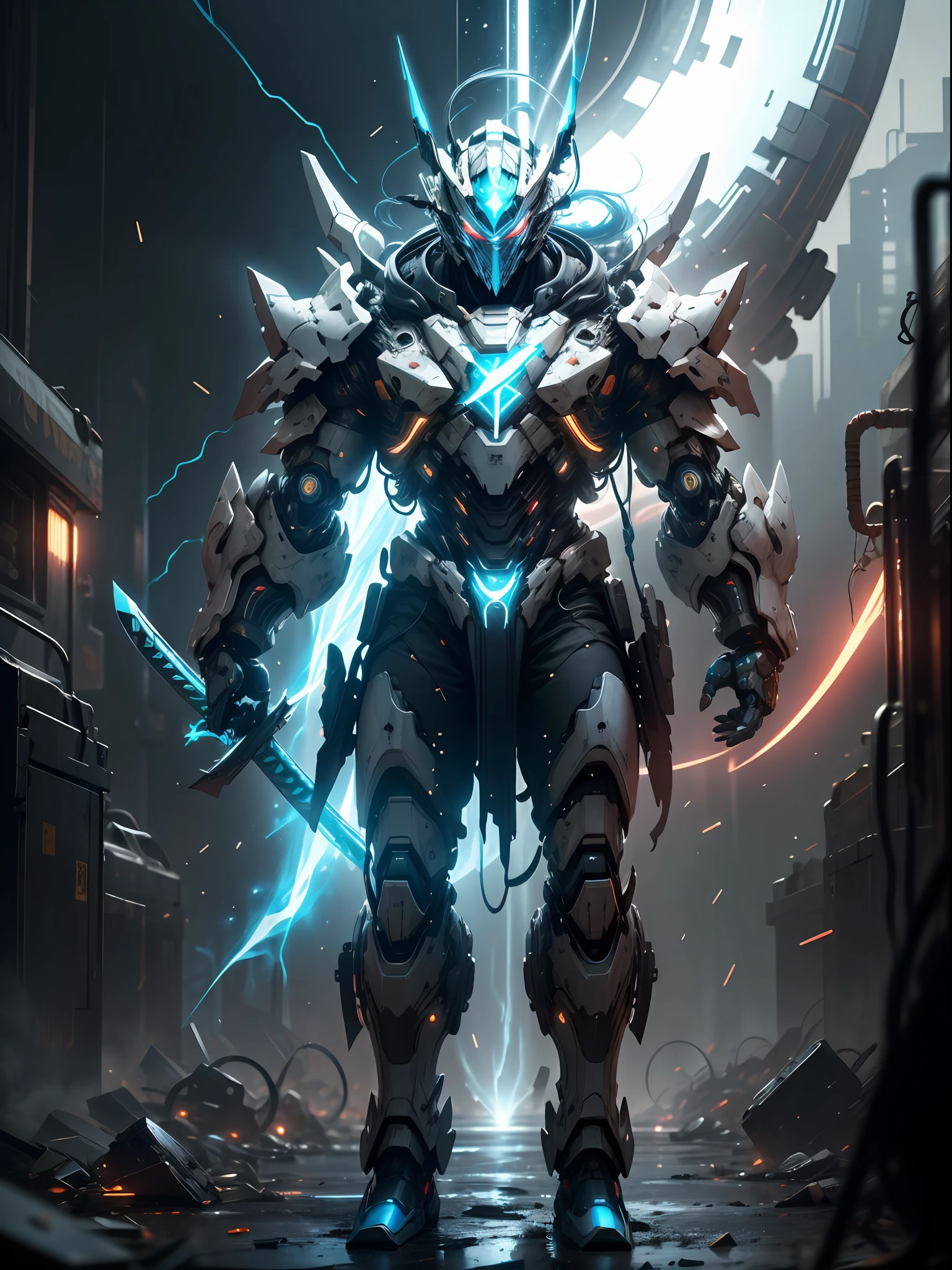 Blue Ghost Hunter, Super Cool Ghost Killer, Wearing Blue Mechanical Armor, Lightning Surrounding, Katana Handheld, Frontal Standing, Super Detail, Realistic, Shiny, Reflective, Bioluminescence, Galactic Cybernetic Mask, Mecha, (Executioner: 1.2), Cloak, SH4G0D, GlowingRunes_red, Full Body, Movie, Dark Background, Backlight, High Contrast,