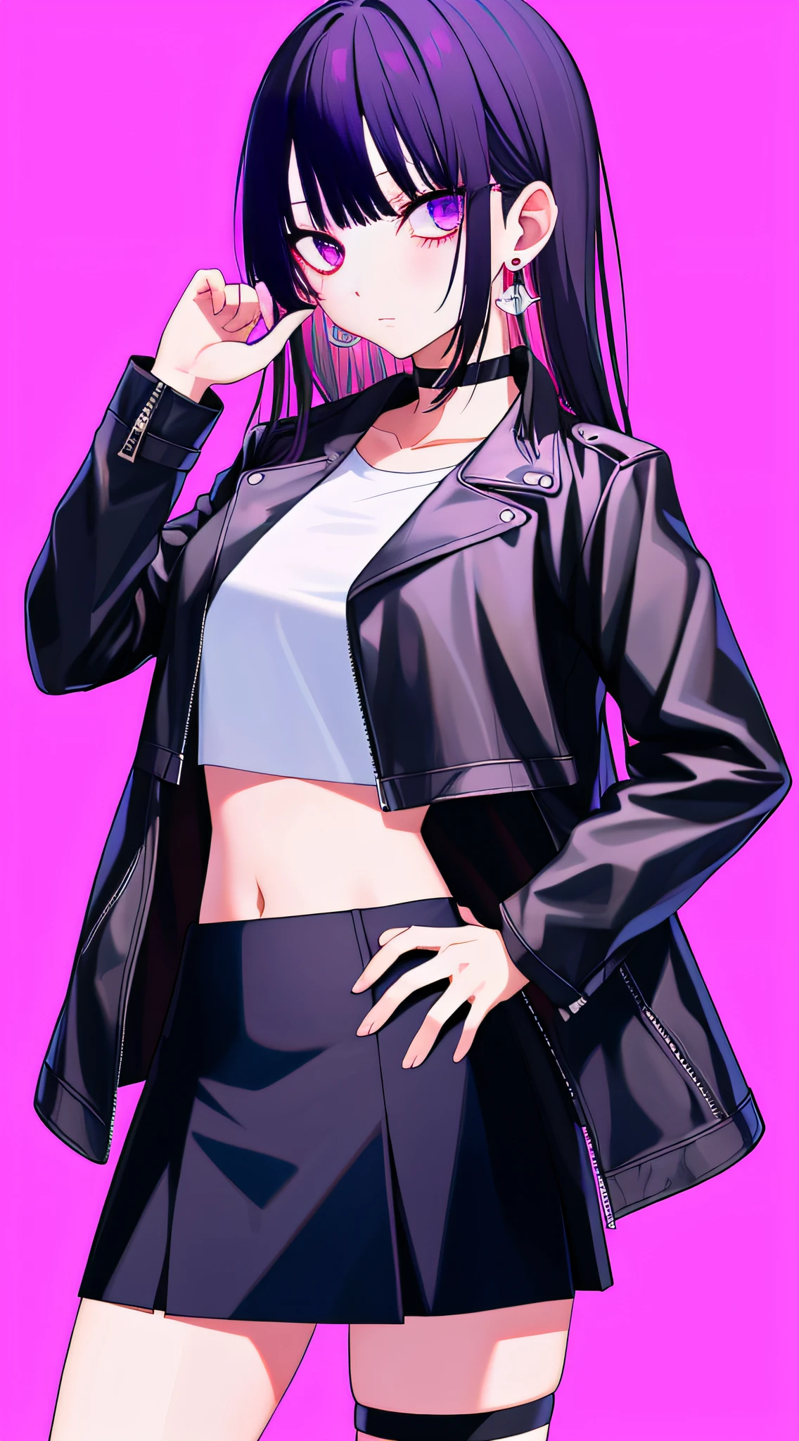 1girl, solo, skirt, jacket, black jacket, pink background, black hair, simple background, choker, leather, long hair, earrings, leather jacket, thigh strap, multicolored hair, jewelry, hand on hip, shirt, open jacket, midriff, cowboy shot, colored inner hair, bangs, white shirt, black choker, miniskirt, purple skirt, open clothes, purple eyes, long sleeves, breasts, two-tone hair, looking at viewer, standing, closed mouth, pink hair, hand up, crop top, looking to the side