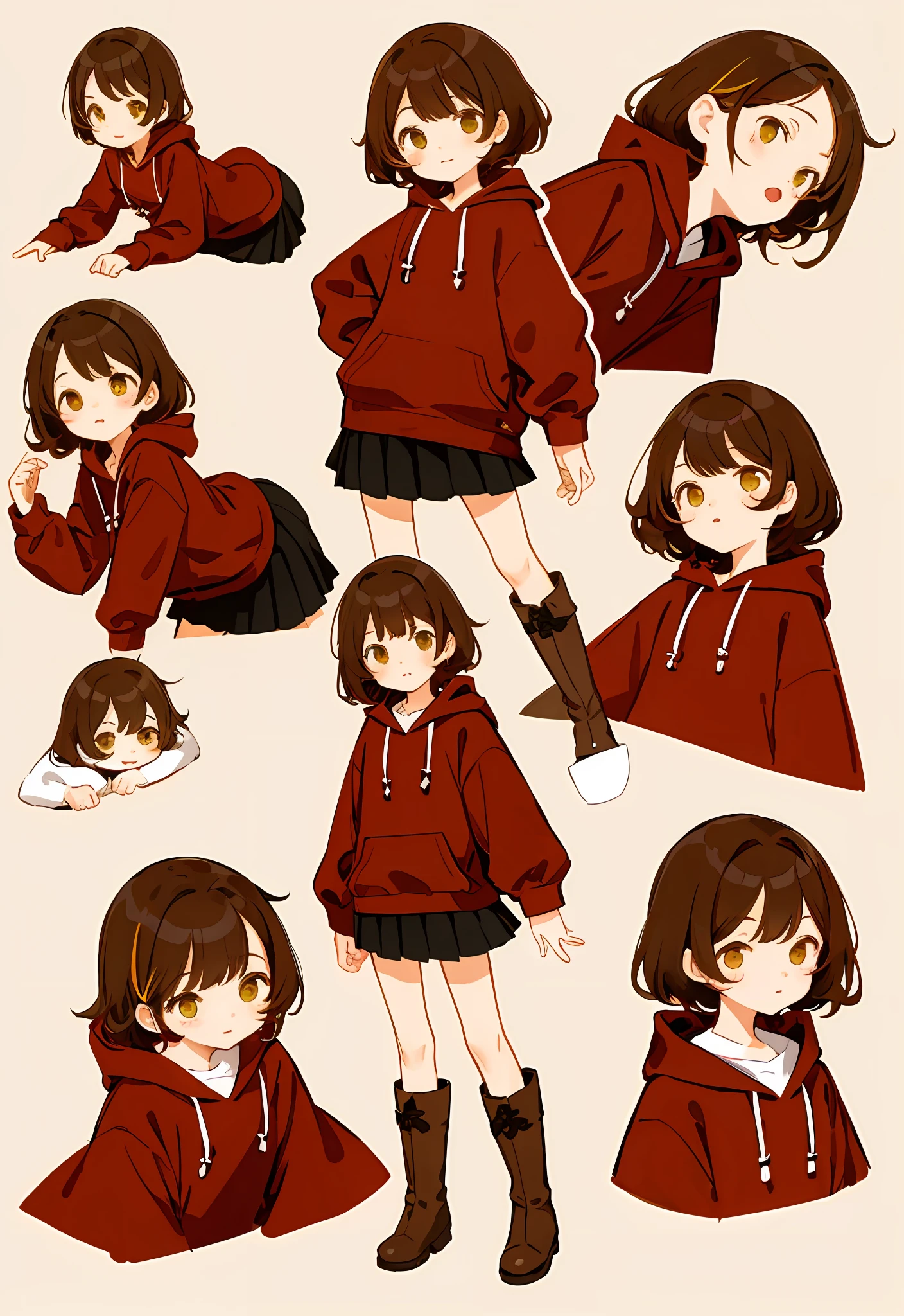 little girl , muliple poses and expressions, children's book illustrations style, simple, cute, full colour, Brown boots, Red hoodie, skirt, dark yellow hair, flat colour ,white background --no pet --niji 5