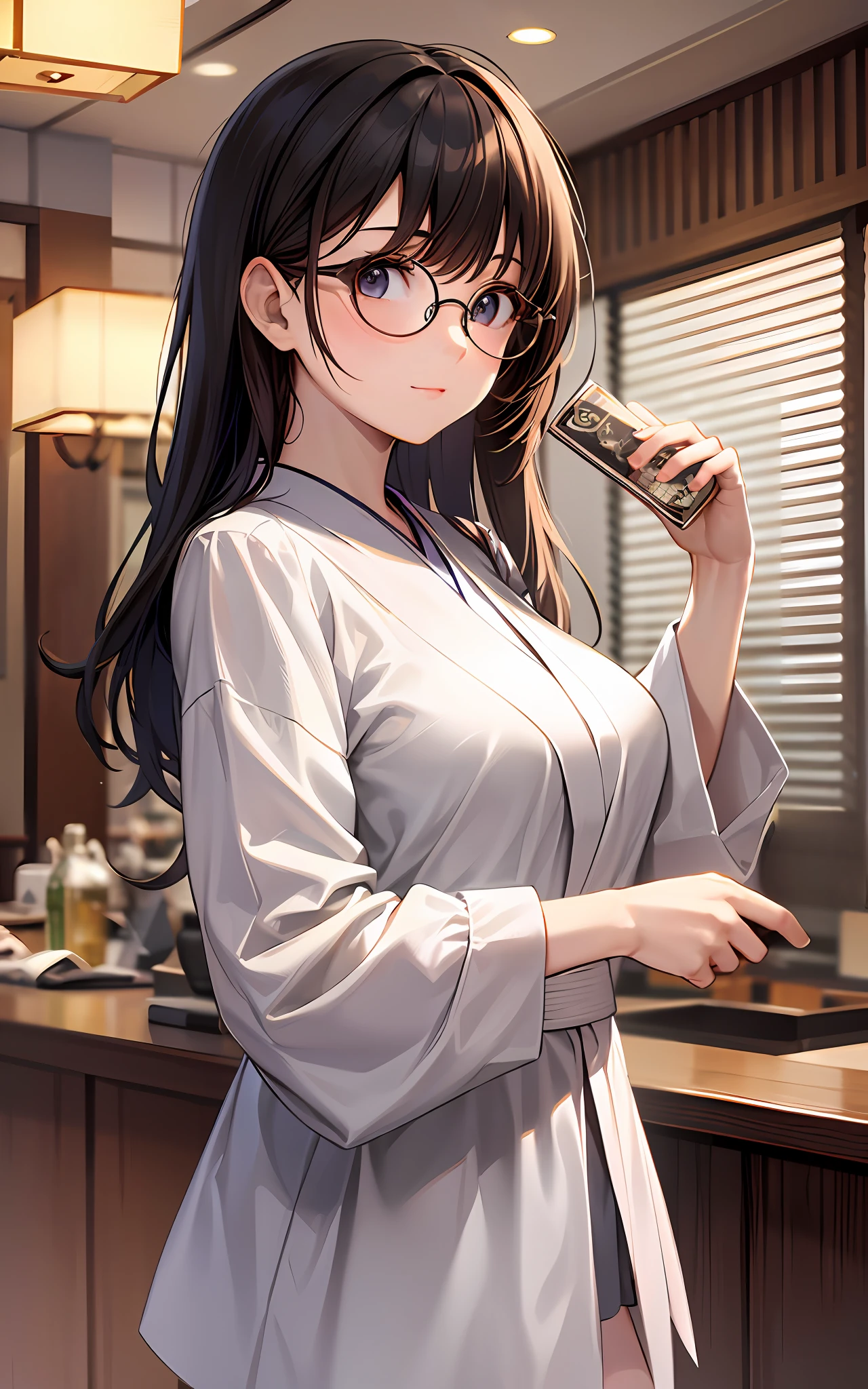 Top Quality, 8K, 4K, High Definition, Details Beautiful round glasses girl, black haired girl, eating lunch, kitchen, Japanese style costume, Taisho roman,