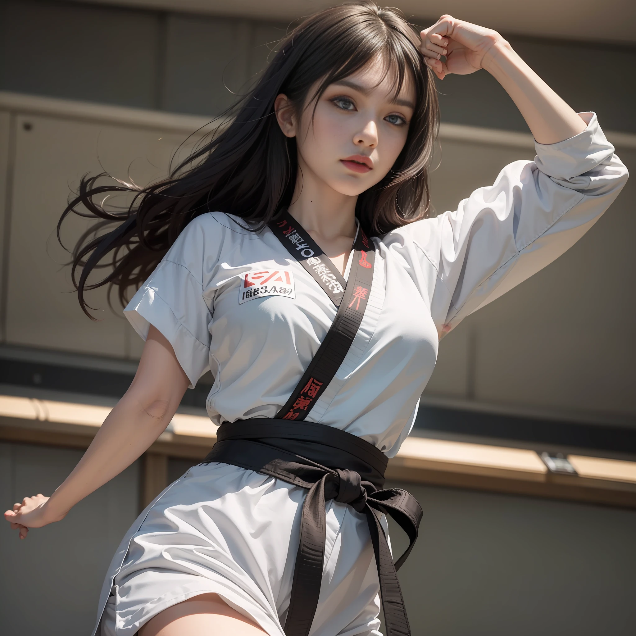 ultra detailed, masterpiece, best quality, photorealistic,1beatiful girl,karate uniform,beautiful cool face,detailed  eyes,dark color hair,large breasts,narrow waist,make a fist,nice foots, in karate venue,detailed shadow,from below