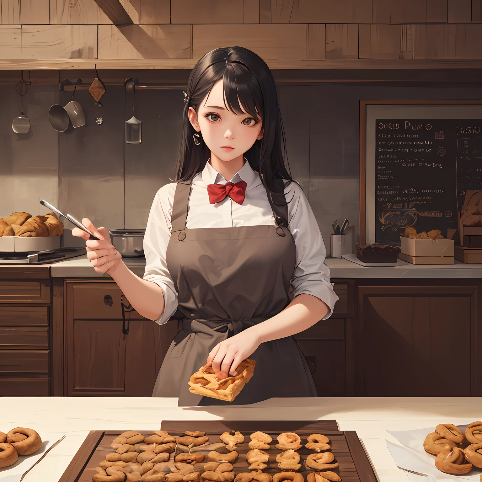 (super detailed background, detailed background), absurd, high resolution, super detailed, extremely detailed, 1girl, making pastries, (geometry: 1.0), (color), --auto
