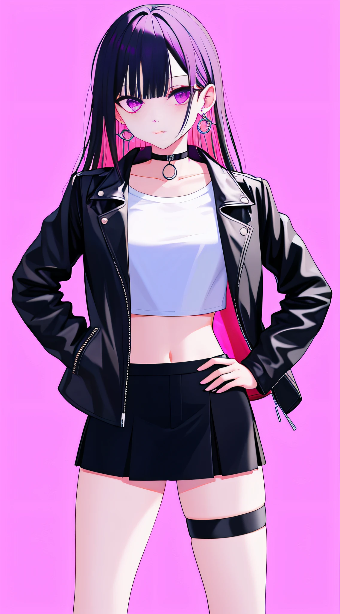 1girl, solo, skirt, jacket, black jacket, pink background, black hair, simple background, choker, leather, long hair, earrings, leather jacket, thigh strap, multicolored hair, jewelry, hand on hip, shirt, open jacket, midriff, cowboy shot, colored inner hair, bangs, white shirt, black choker, miniskirt, purple skirt, open clothes, purple eyes, long sleeves, breasts, two-tone hair, looking at viewer, standing, closed mouth, pink hair, hand up, crop top, looking to the side