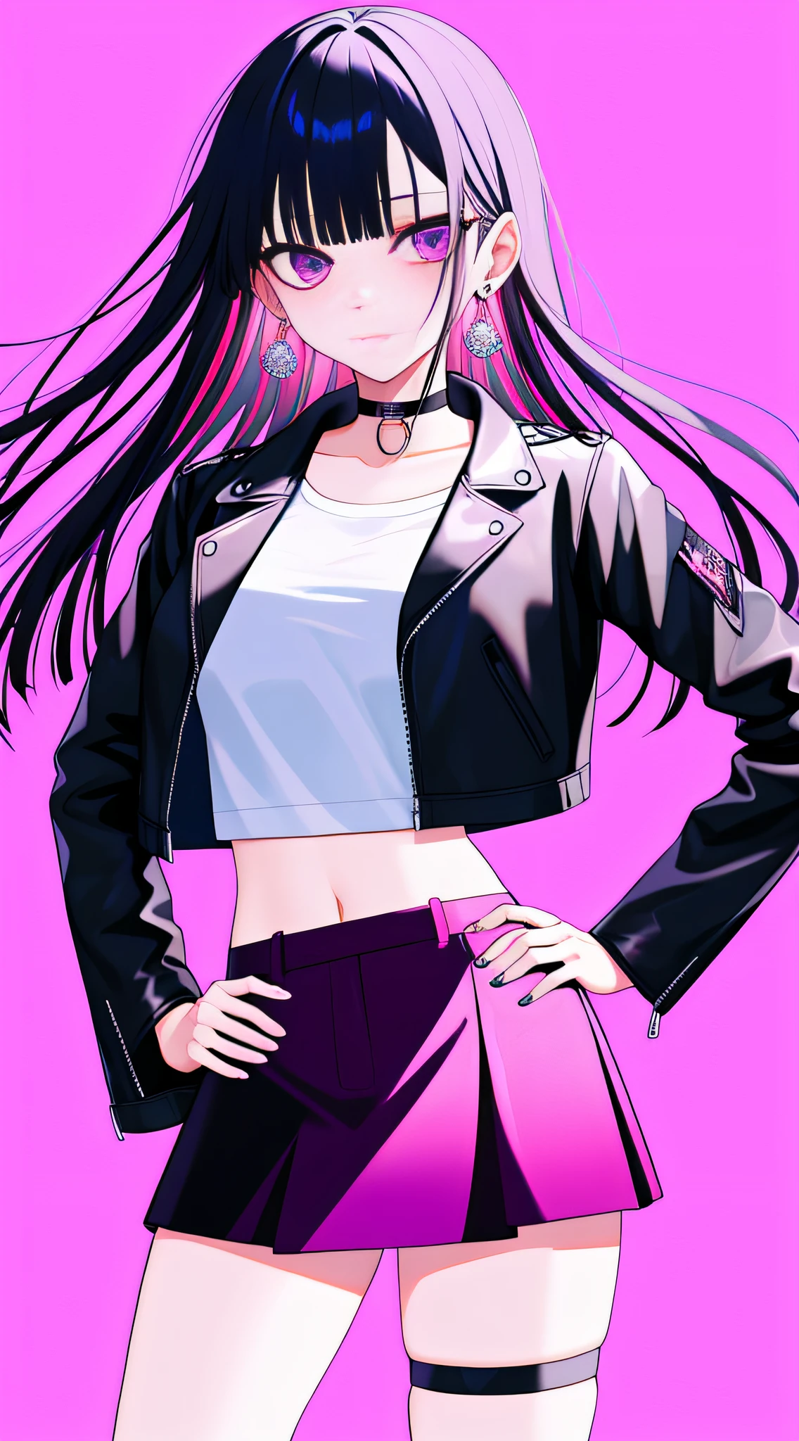 1girl, solo, skirt, jacket, black jacket, pink background, black hair, simple background, choker, leather, long hair, earrings, leather jacket, thigh strap, multicolored hair, jewelry, hand on hip, shirt, open jacket, midriff, cowboy shot, colored inner hair, bangs, white shirt, black choker, miniskirt, purple skirt, open clothes, purple eyes, long sleeves, breasts, two-tone hair, looking at viewer, standing, closed mouth, pink hair, hand up, crop top, looking to the side