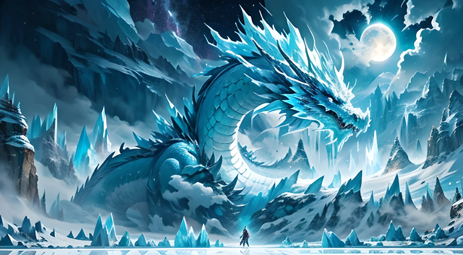 This work presents a mysterious and magnificent ice age scene, making people feel like they are in an ancient and mysterious magic field.
In the picture, a huge iceberg rises into the clouds, and glaciers extend from the peaks, shrouding a vast valley. The surface of the glacier is covered with thick ice and white snow, presenting a magnificent scene of the world of ice and snow. In front of the glacier, a huge ice wall stands a glacial dragon, as if to cut off the boundary between humans and this mysterious world.
In the sky, dark clouds are thick and lightning streaks through the clouds, emitting a stunning light. This ice age magic domain is full of mysterious energy, and strong electromagnetic fields distort the surrounding landscape, creating strange shapes and colors.
In the distant skyline, a bright moon can be seen rising and casting a faint glow. The moonlight shines through the mist on the glacier, reflecting the twinkling ice crystals, creating a mysterious and dreamy atmosphere.
The whole picture emphasizes the magnificence and mystery of the ice age, through the use of light and shadow and the change of color, conveying the unique atmosphere of this ice magic domain, a huge ice blue dragon standing in the center of the picture.