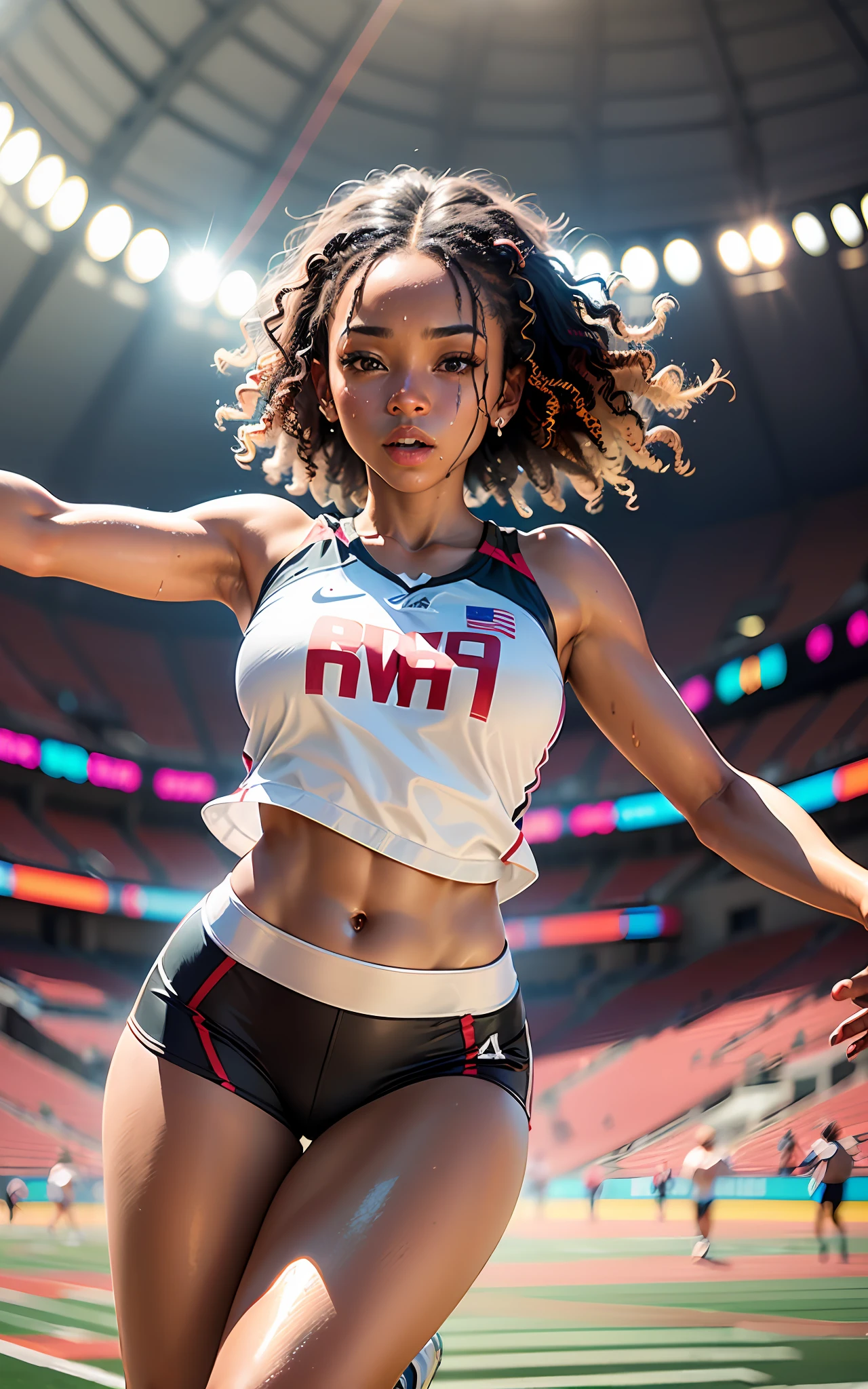 (award winning 64k concept art:1.2) of (black young woman:1.2) in usa sports team sportswear at the stadium, sweet, sprinting at the camera, front, epic, god rays, sweat, centered, upper body, (masterpiece:1.2), (best quality:1.3), Amazing, highly detailed, beautiful, finely detailed, warm soft color grading, (Depth of field:1.4), extremely detailed 64k, fine art, stunning, iridescent, (shiny:1.4), (light reflections:1.3), (crisp:1.6), silver short curls, spring, vibrant, sunlit, (edge detection:1.4), absurdres, impressive, 120mm, glittering, extremely clear, lens flare, motion lines