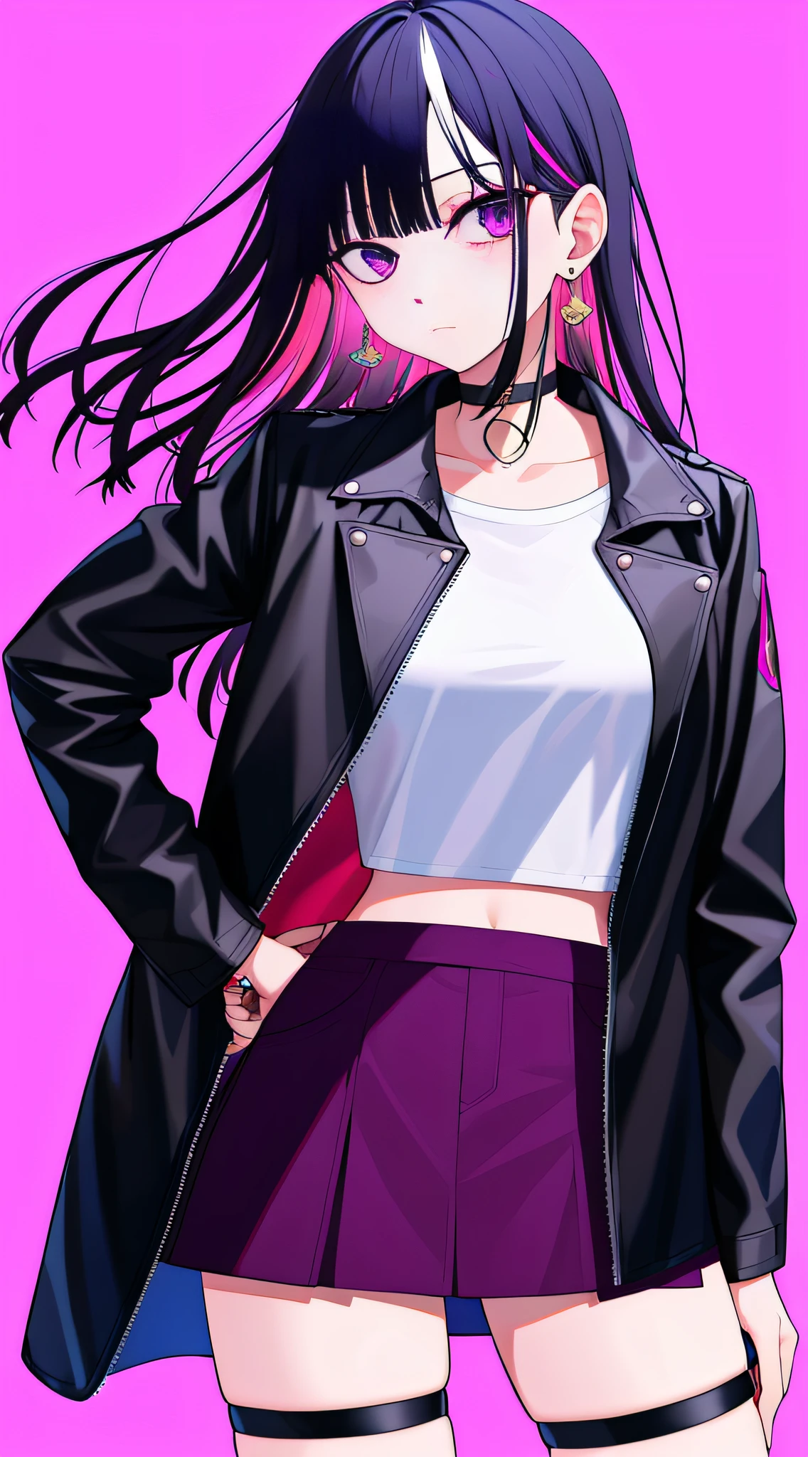 1girl, solo, skirt, jacket, black jacket, pink background, black hair, simple background, choker, leather, long hair, earrings, leather jacket, thigh strap, multicolored hair, jewelry, hand on hip, shirt, open jacket, midriff, cowboy shot, colored inner hair, bangs, white shirt, black choker, miniskirt, purple skirt, open clothes, purple eyes, long sleeves, breasts, two-tone hair, looking at viewer, standing, closed mouth, pink hair, hand up, crop top, looking to the side