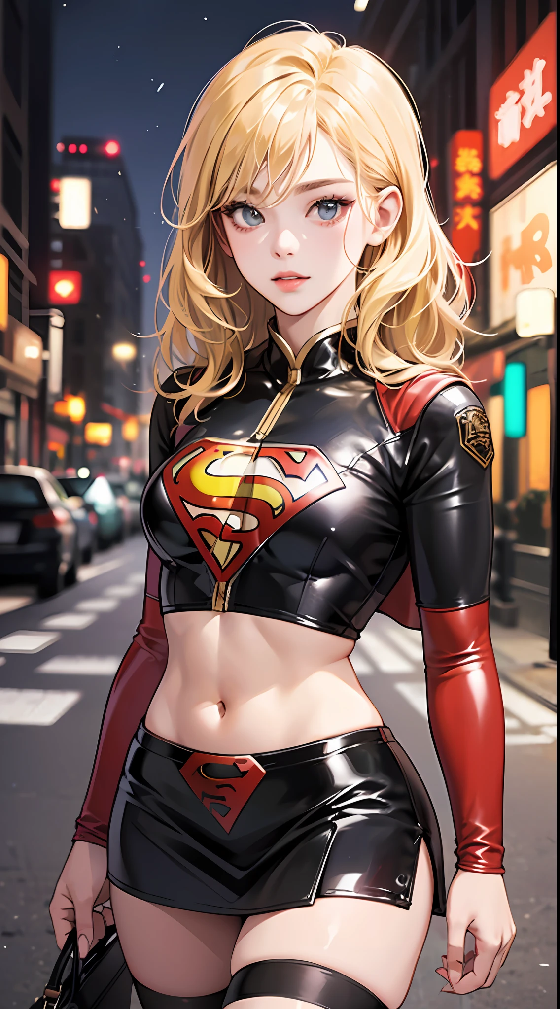 ((Realistic Lighting, Best Quality, 8K, Masterpiece: 1.3)), Focus: 1.2, 1girl, Perfectly shaped Chinese beauty: 1.4, exposed abdomen, Fine abs: 1.1, ((blonde hair)), (Latex supergirl costume: 1.4), (Outdoor, Night: 1.1), City streets, Super thin face, Thin eyes, Double eyelids, Latex miniskirt, (Black socks over the knee: 1.5) --auto --s2