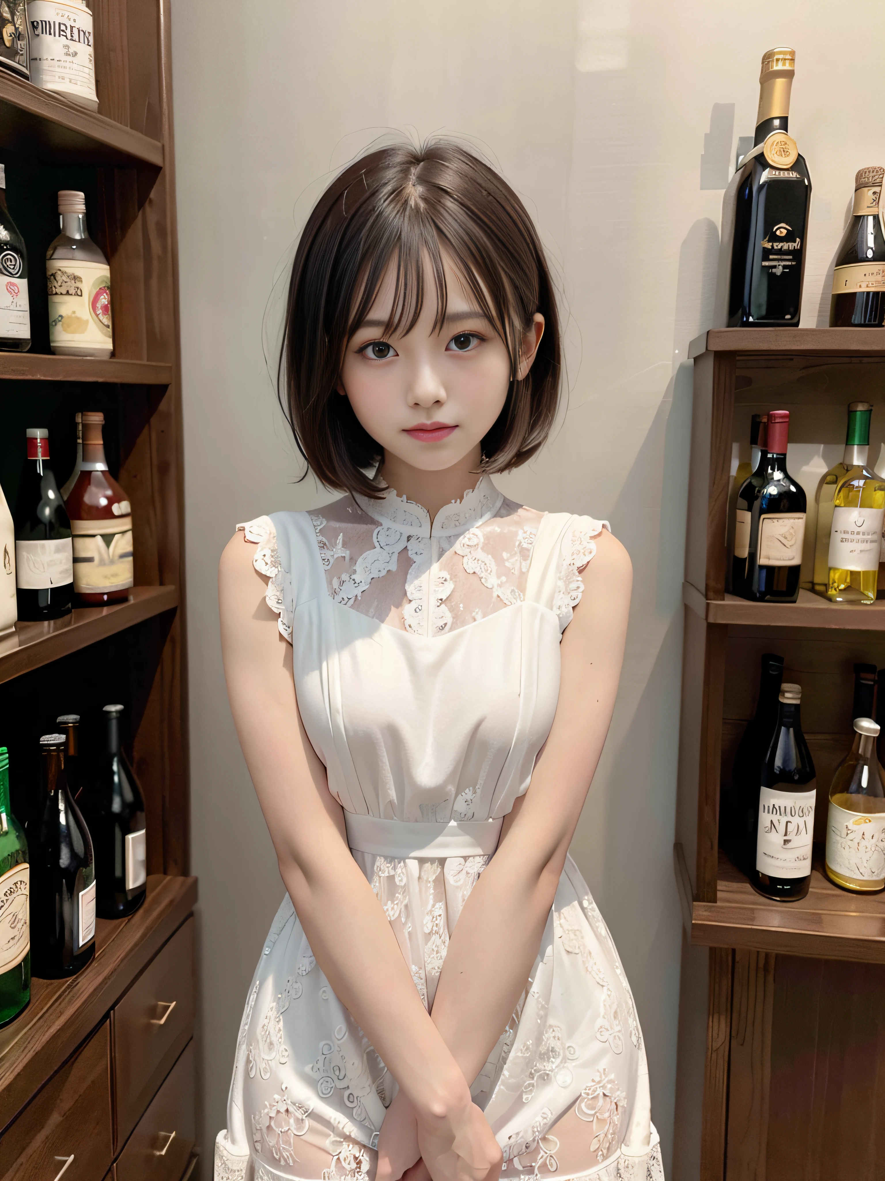 (RAW Photo, Photorealistic, Masterpiece, Best quality), Anatomy Human body, 1girl, head to crotch, 6headed body, ((stand straight and arms down)), (((all white lace dress))), Pro lighting, ( japanese, smallest head, bob cut, infant very round face, super detailed face,smile droopy largest eyes, child waist line), black carpet, black ceiling, black walls, standing in front of black shelves lined with liquor bottles