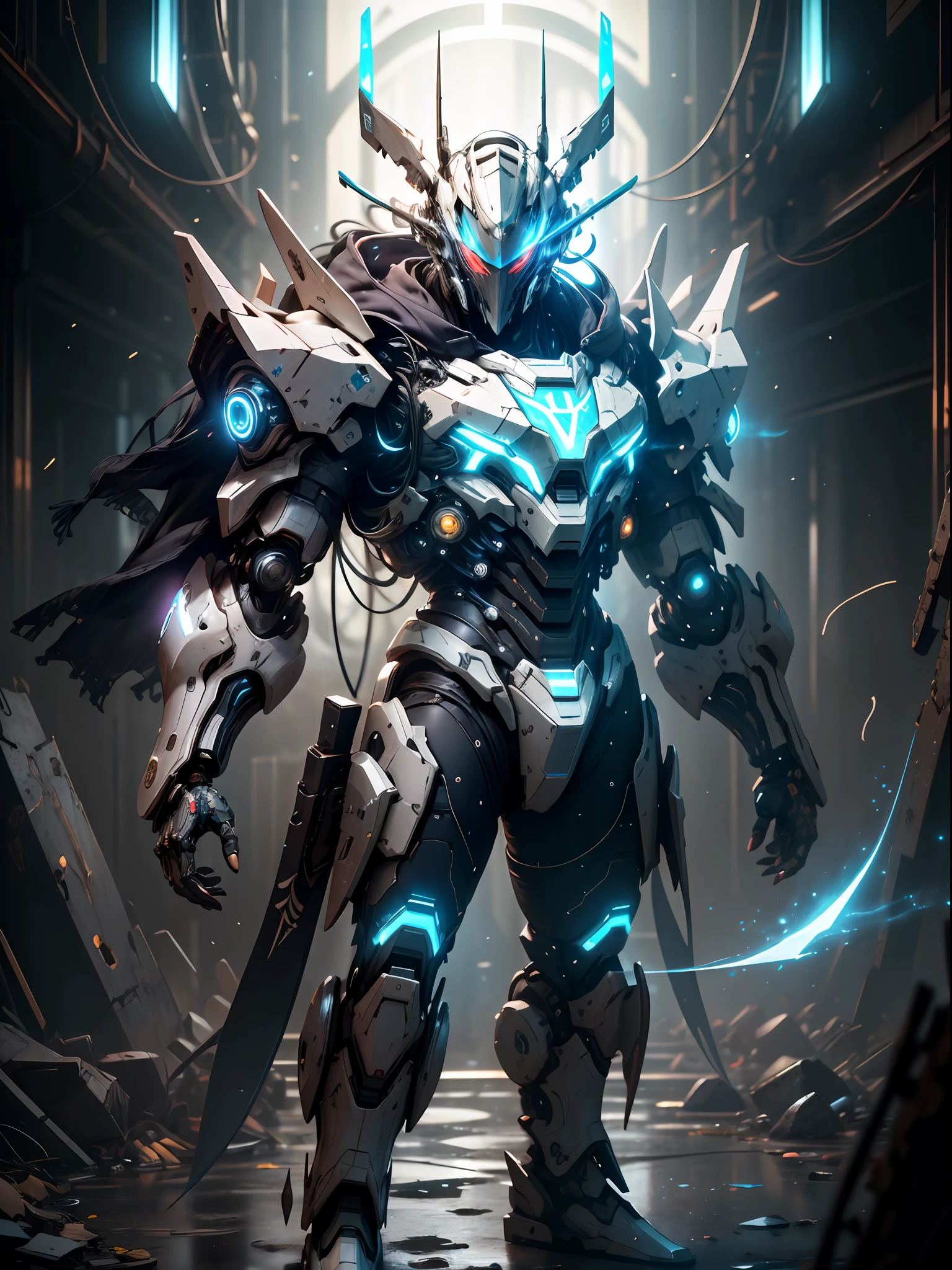 Blue Ghost Hunter, Super Cool Ghost Killer, Wearing Blue Mechanical Armor, Lightning Surrounding, Katana Handheld, Frontal Standing, Super Detail, Realistic, Shiny, Reflective, Bioluminescence, Galactic Cybernetic Mask, Mecha, (Executioner: 1.2), Cloak, SH4G0D, GlowingRunes_red, Full Body, Movie, Dark Background, Backlight, High Contrast,