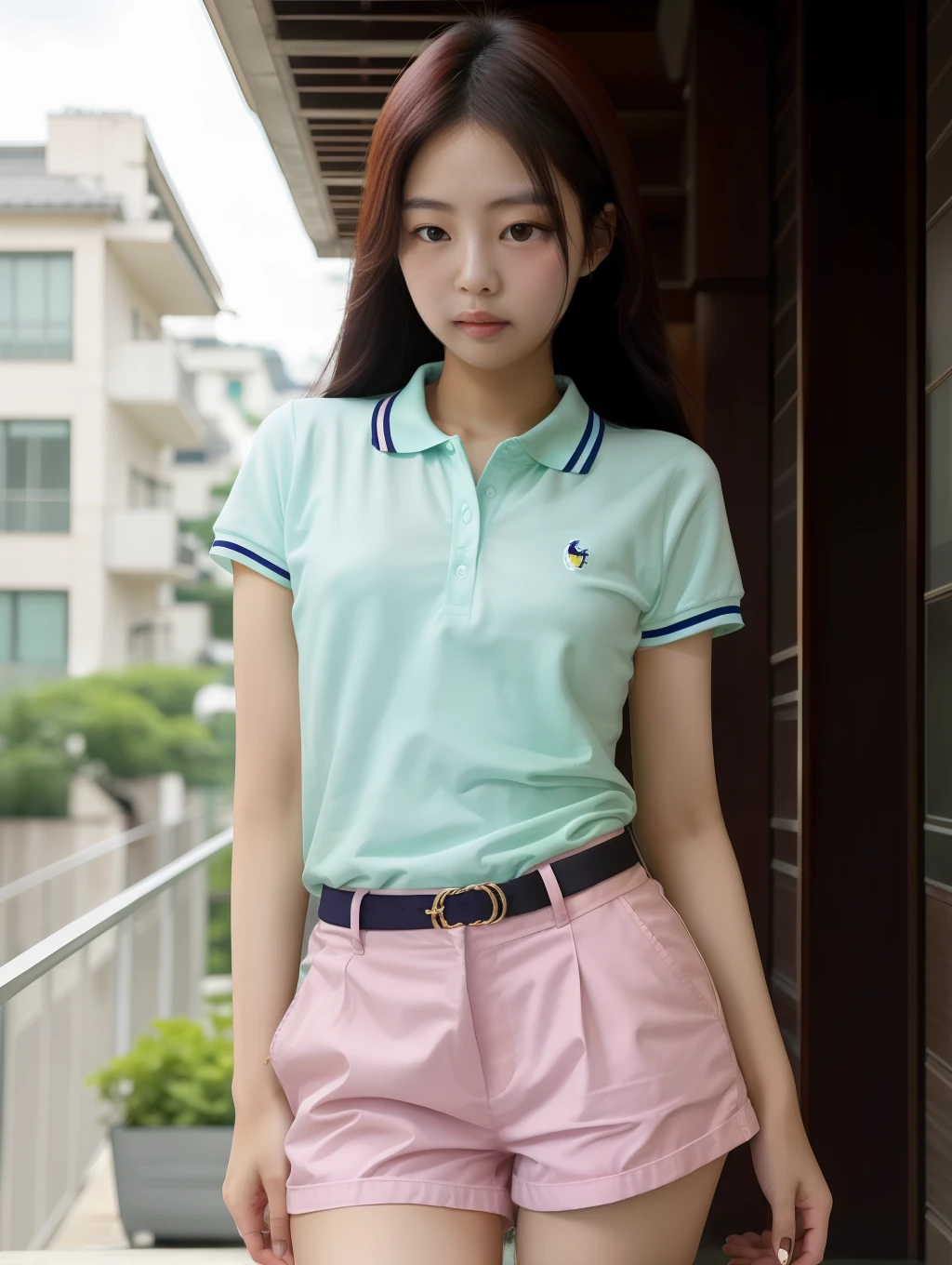 A beautiful young Korean girl, polo, shorts