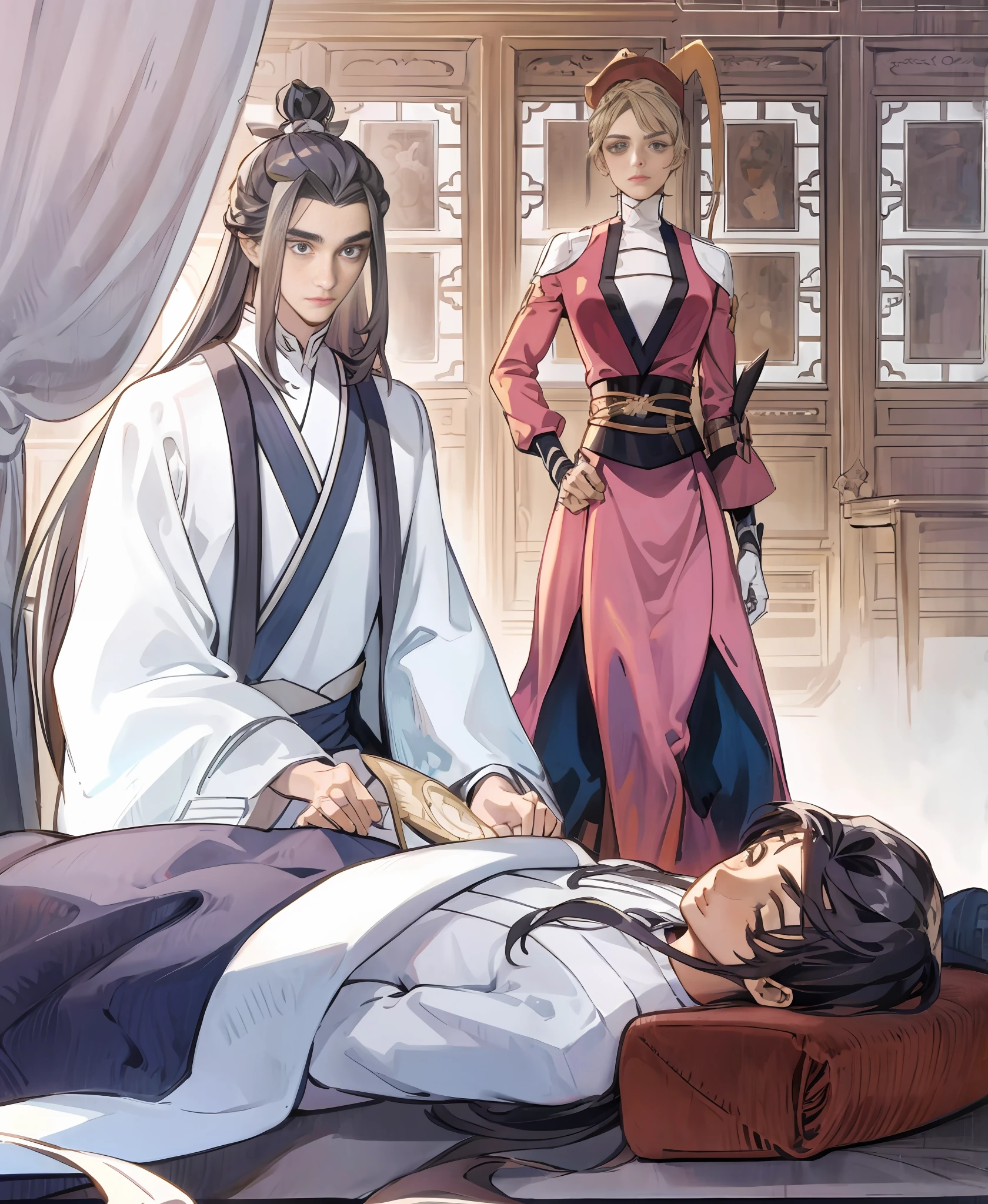 Two men in costume, one man lying down, and a woman standing in the distance