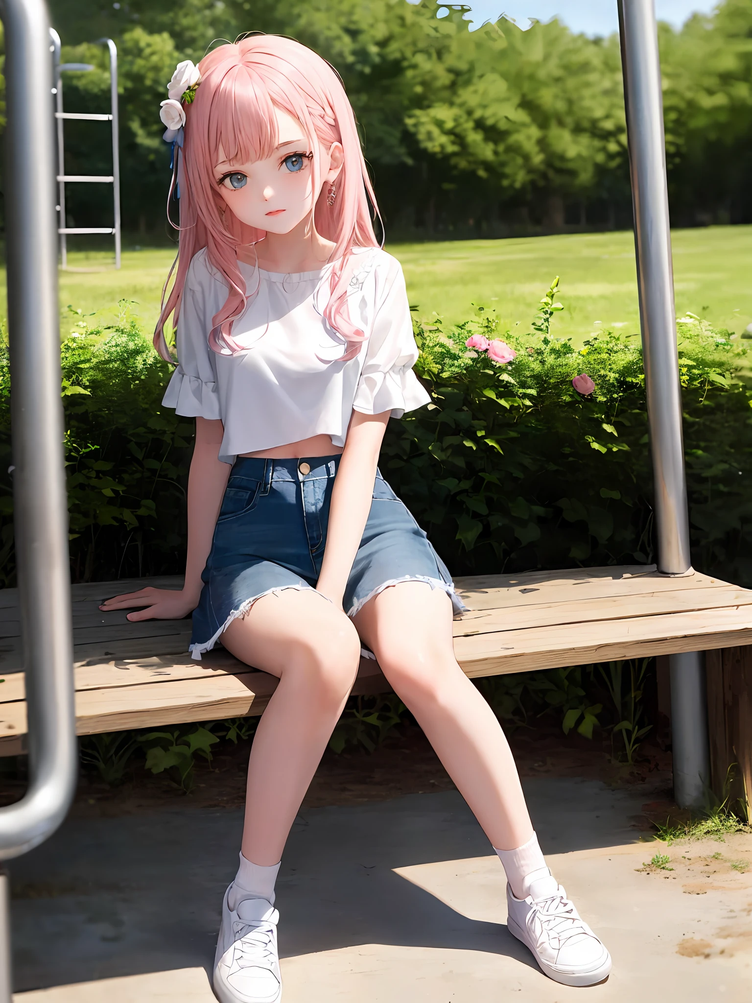 1girl, (masterpiece:1.1), (best quality:1.1), (white blouse:1.1), BREAK [blue:pink:0.5] theme, cowboy shot, full body, sideways view, looking at the audience, break pink hair, long hair, delicate facial features, blue eyes, flowers on the head, white top, denim miniskirt, white sneakers, sitting, playground
