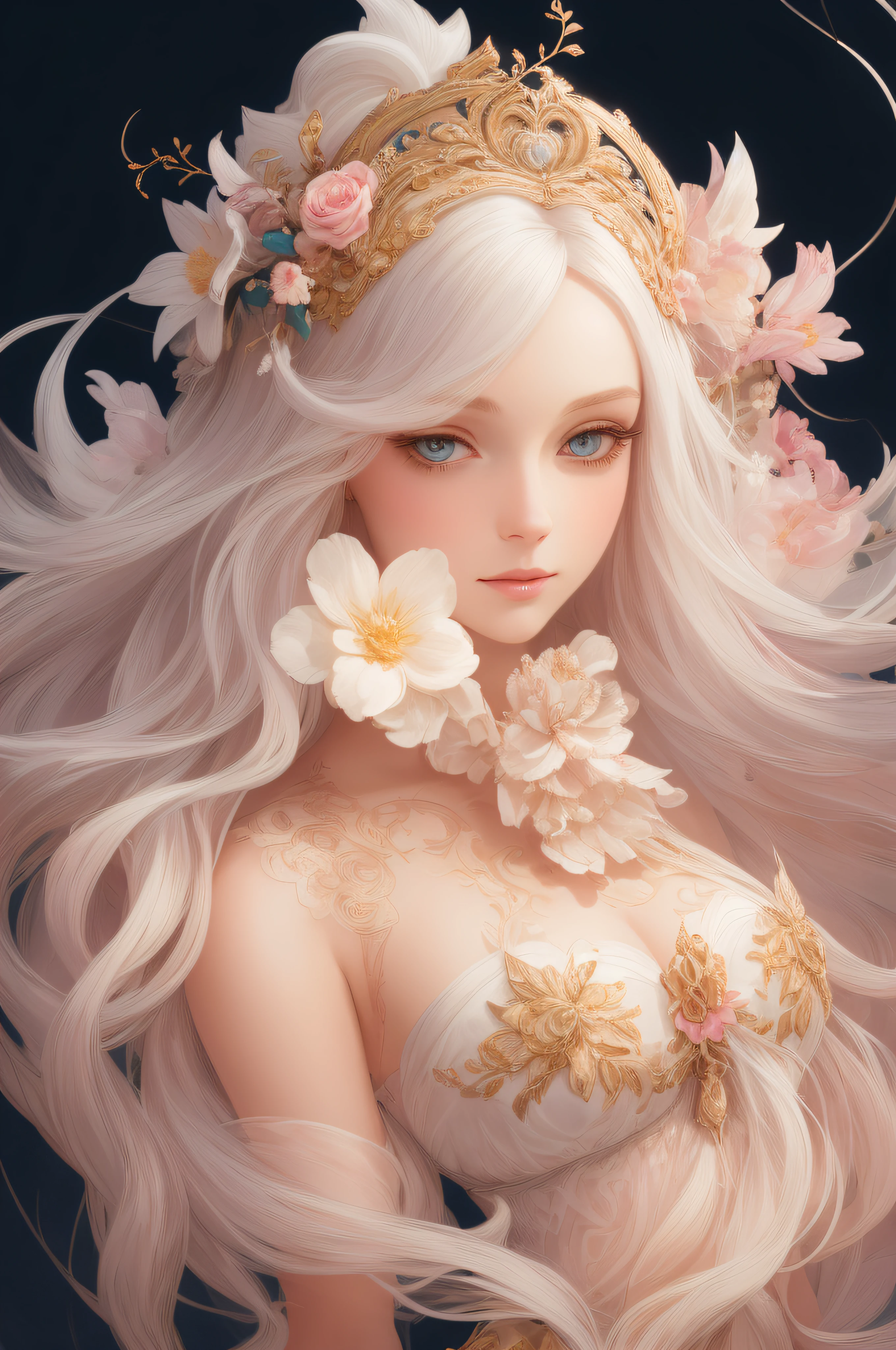 ((gorgeous princess)), (with long flowing white hair), (bright and beautiful eyes), trending on Art Station, flower of hope by Jean-Honor Fragonard, Peter mohrbacher, super detailed, crazy details , stunning sophisticated elite art nouveau ornate liquid wax elegant luxurious greg rutkowski ink style sticker vector art beautiful character design double exposure shot luminous design, winning entry, masterpiece, amoled black background,