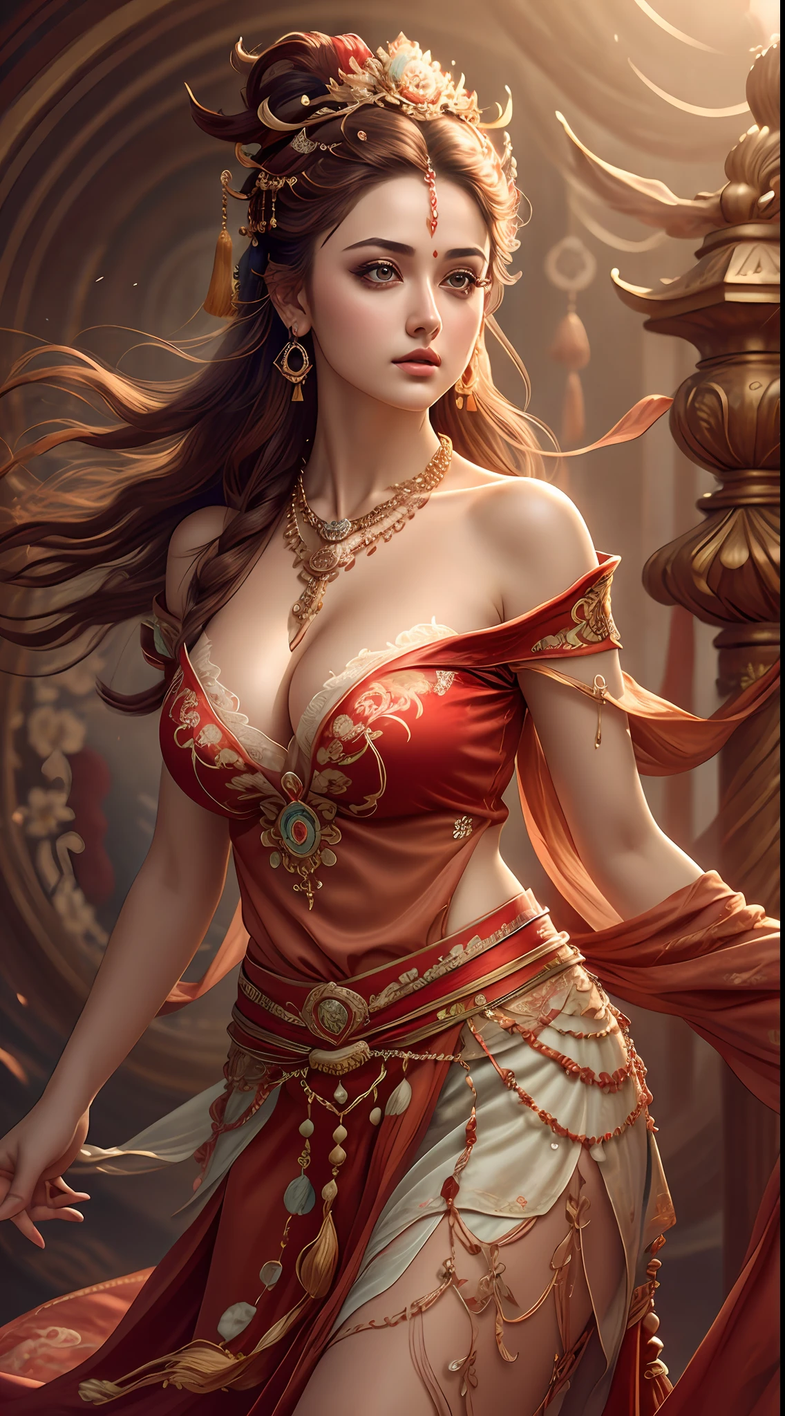 Face of Indian actress Anushka Shetty, Best quality,masterpiece,ultra-detailed high res,(photorealistic:1.4),raw photo,,illustration,
1girl dancing,(solo:1.2),(cowboy shot:1.2),(hair crown:1.2),Traditional chinese dunhuang style clothes,Strapless,(red eyeliner:1.2),(big breasts:1.4), (v-neck:1.5), (big necklace:1.4), lace armour, earrings,dynamic angle,Opera House,messy_long_hair,ink,cinematic lighting,lens_flare,Velvet,chrysanthemum,Tassel,Ribbon,color embroidery,