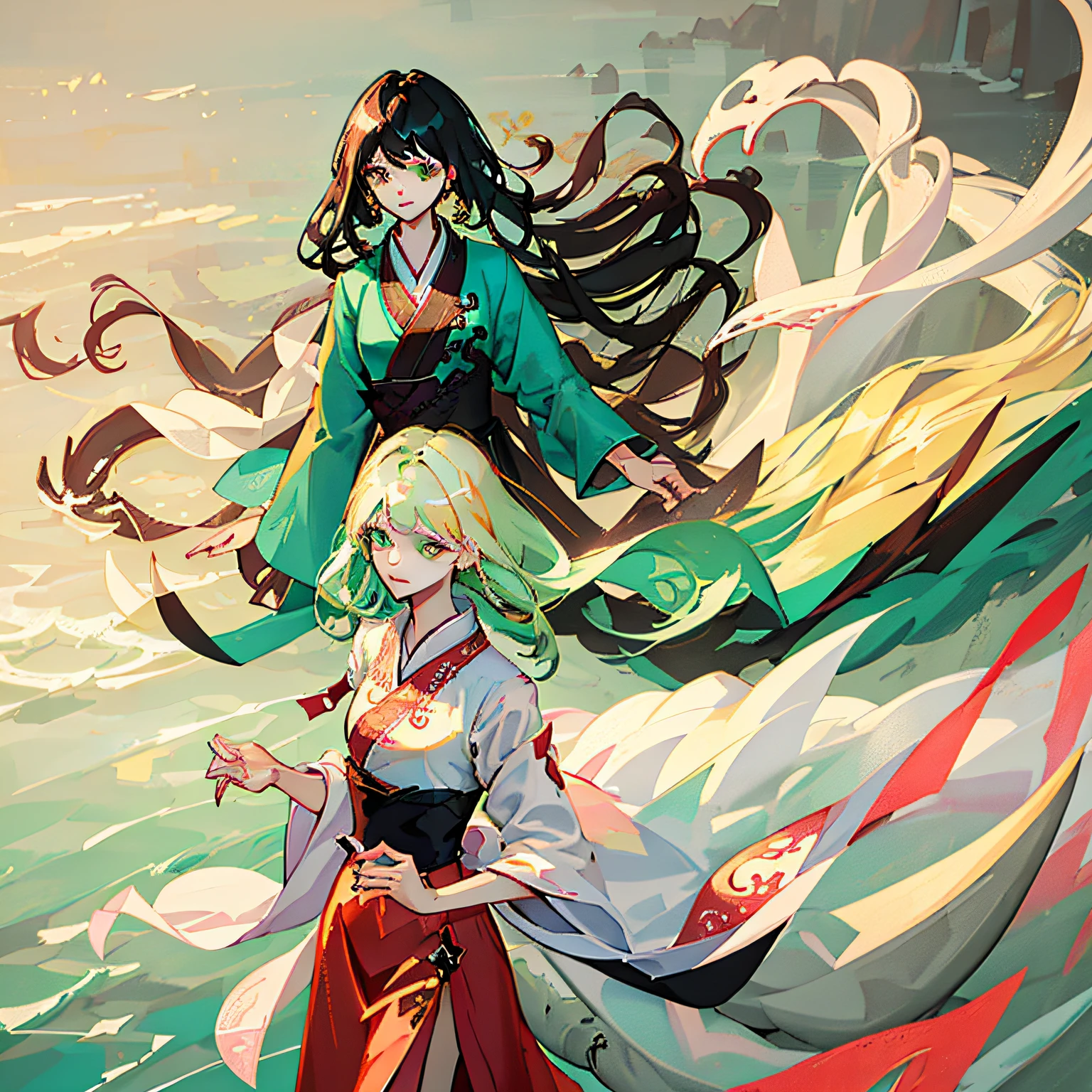 龙女：masterpiece), (best quality), (super delicate), (illustration), (extremely delicate and beautiful), (dynamic angle), white and black highlights, (legendary Dragon Queen:1.3) ï¼ˆ1 girlï¼‰, Hanfu, (complex details) (beautiful and delicate eyes), golden eyes, green pupils, delicate face, upper body, messy floating hair, messy hair, focus, perfect hands, (fantasy wind)