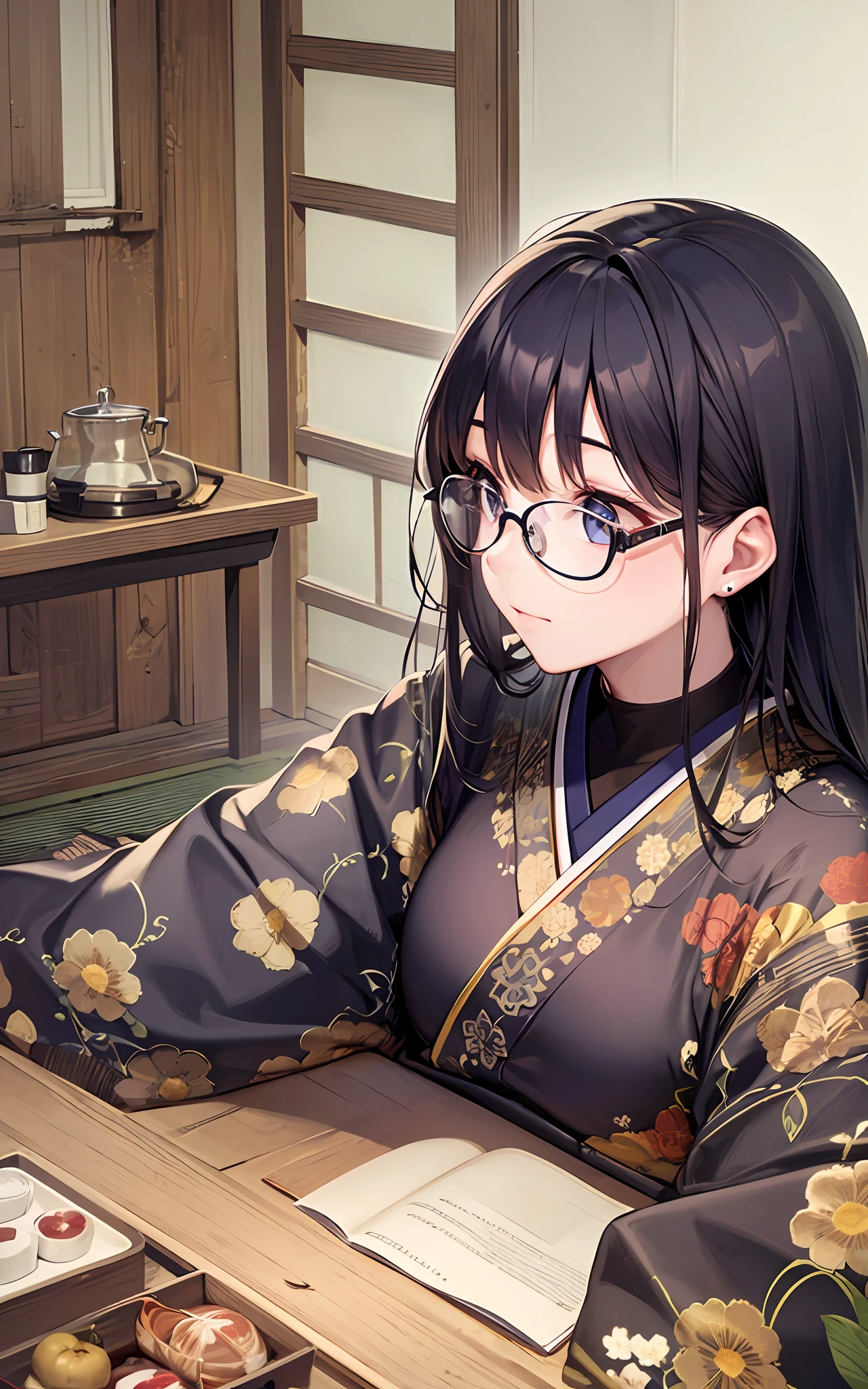 Top Quality, 8K, 4K, High Definition, Details Beautiful girl with round glasses, girl with black hair, Japan-style everyday clothes, Japanese-style room of inn, upper body shown,