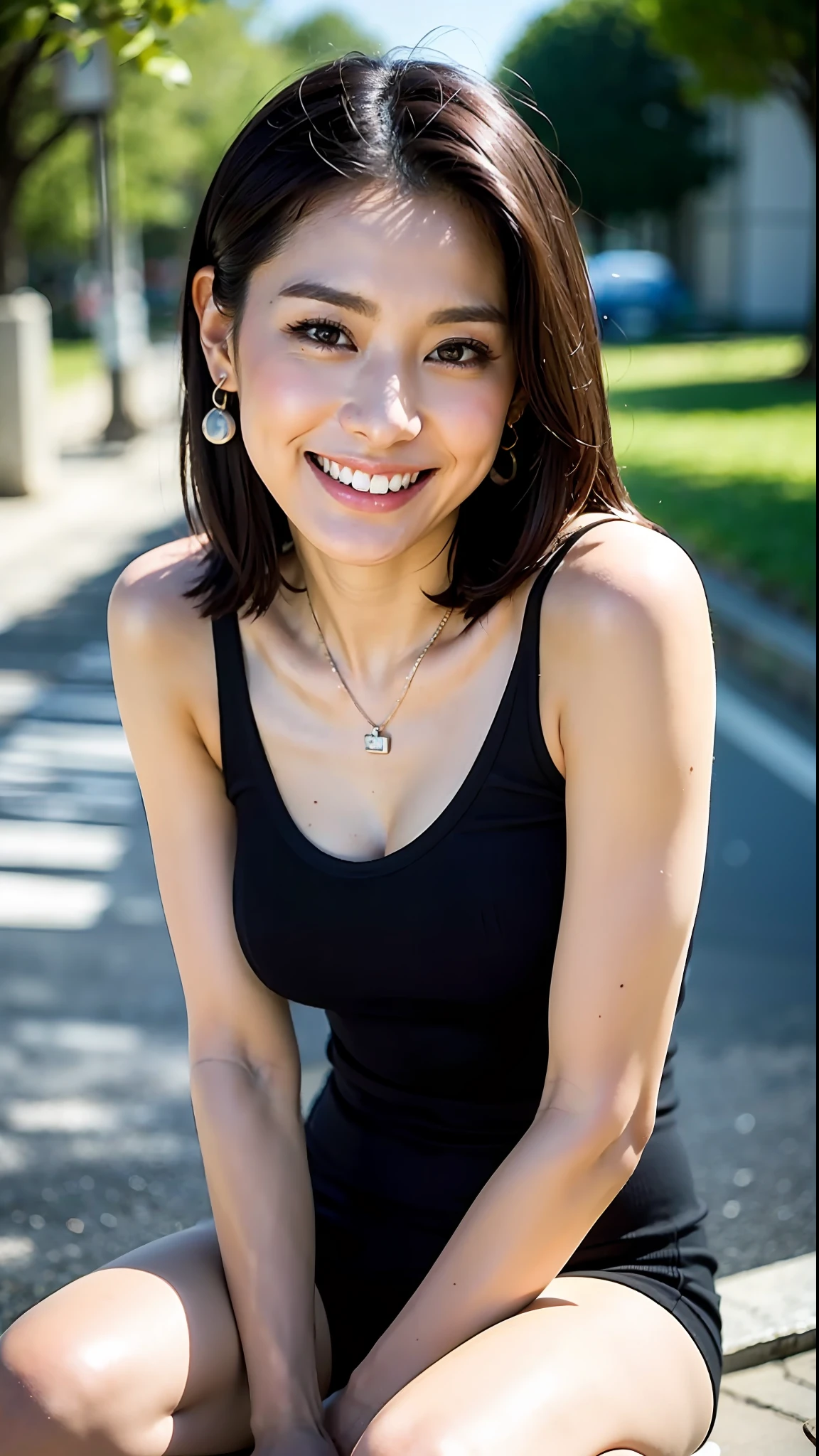 (Best Quality, 8k, 32k, Masterpiece, UHD: 1.2), Cute Japan Woman Pictures, Black Short Hair, Beautiful Face, (Slouch: 1.3), Squatting, (From Top: 1.2), (Close-Up: 1.4), POV, Loose Tank Top, Big Breasts, (Beautiful Nipple Slip: 0.9), Outdoor, Wind, Glossy Skin, Blurry Background, Necklace, Earrings, Beautiful Knees, Fine Skin, Smiling smile, attractive thighs, thighs without sagging, knees without wrinkles