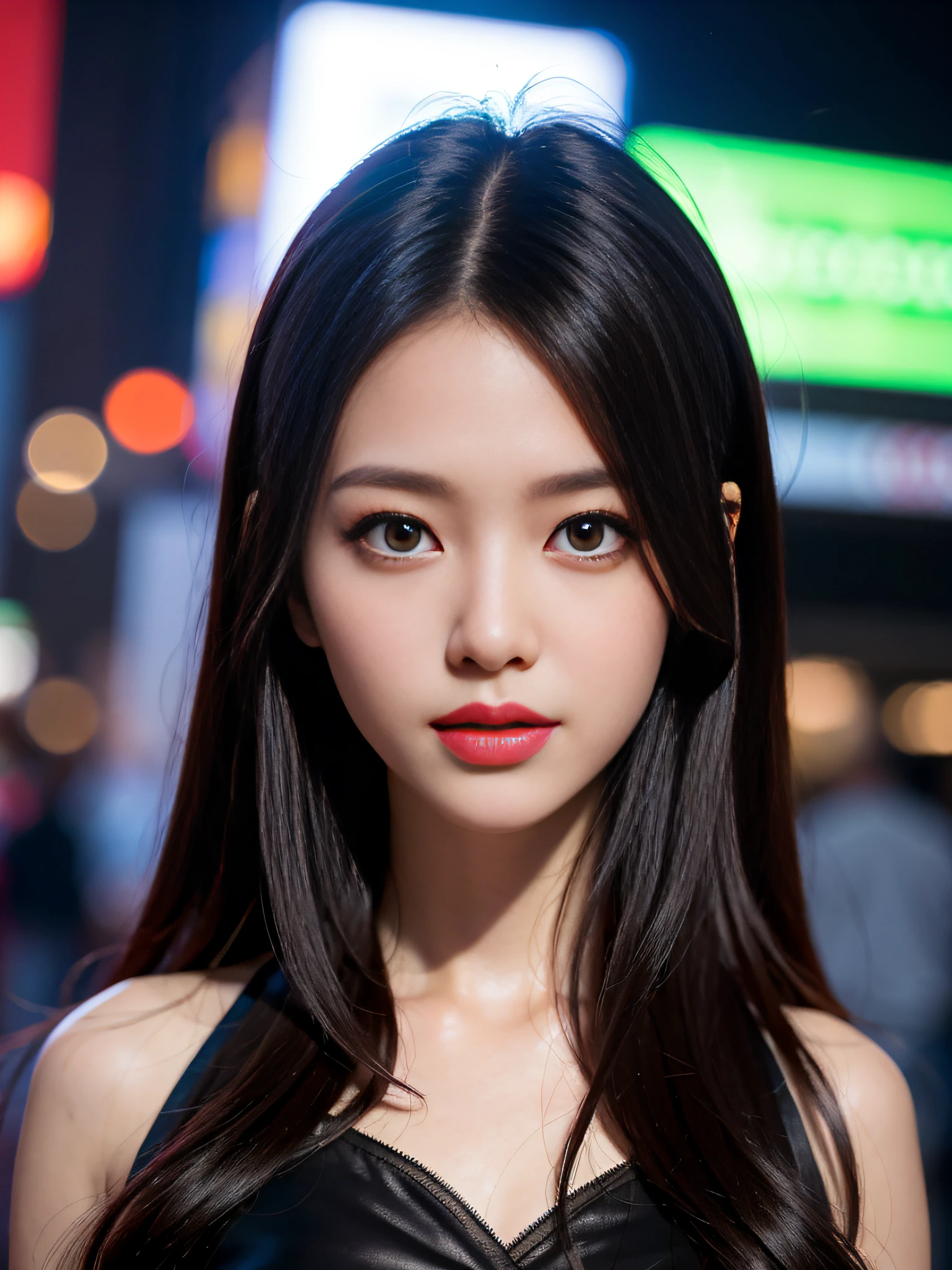 A girl, long hair, half picture, city, future, science fiction, black silk, shorts, night scene, midnight, blue light, neon, night, face close-up, delicate features, beautiful girl, beauty, charming,fashi-girl,red lips,realistic,makeup,