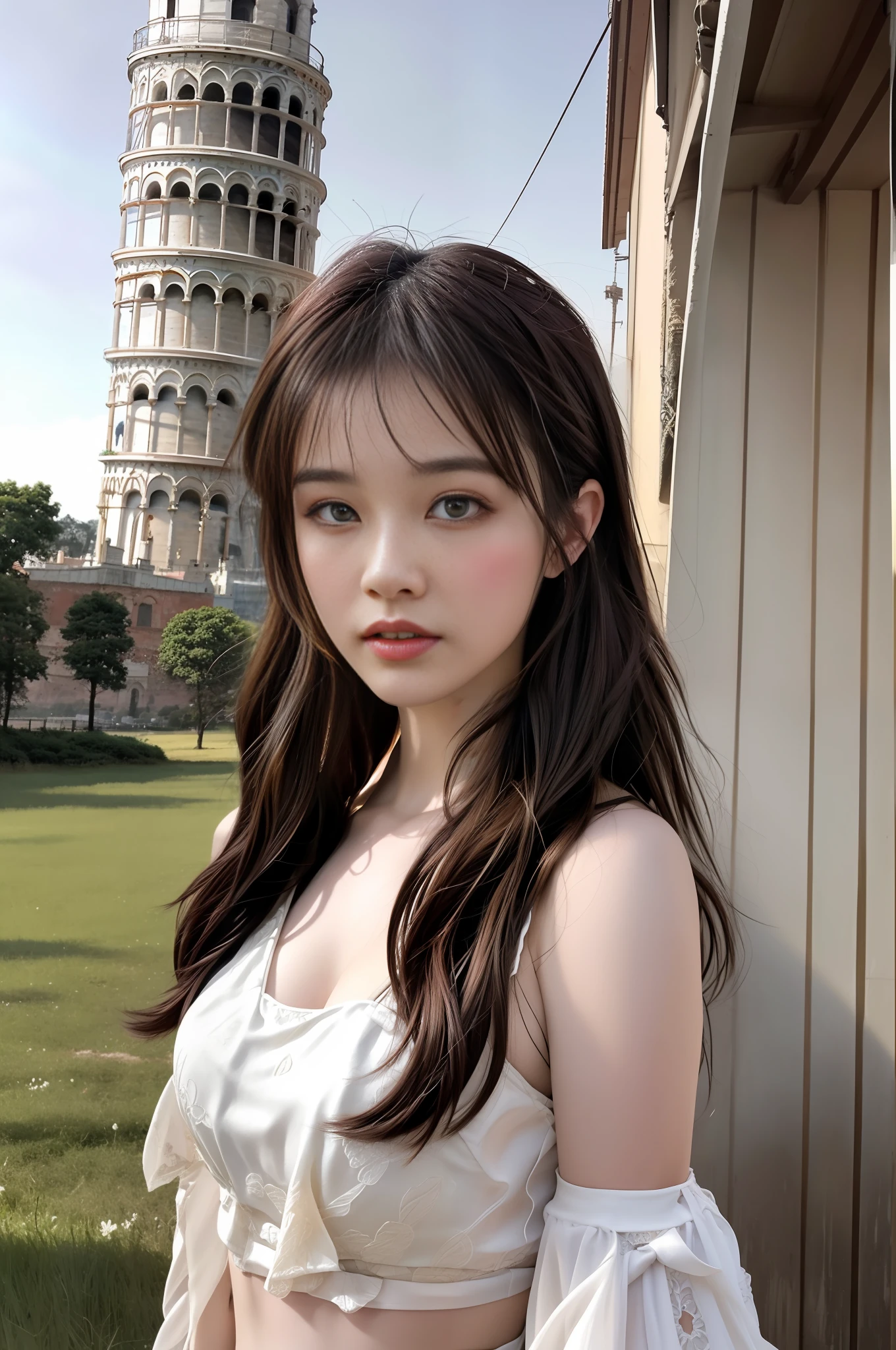 modelshoot style, (extremely detailed CG unity 8k wallpaper),full shot body photo of the most beautiful artwork in the world, stunningly beautiful photo realistic cute women intricately detailed costume, navel,princess eyes,(Leaning Tower Of Pisa background), professional majestic oil painting by Ed Blinkey, Atey Ghailan, Studio Ghibli, by Jeremy Mann, Greg Manchess, Antonio Moro, trending on ArtStation, trending on CGSociety, Intricate, High Detail, Sharp focus, dramatic, photorealistic painting art by midjourney and greg rutkowski