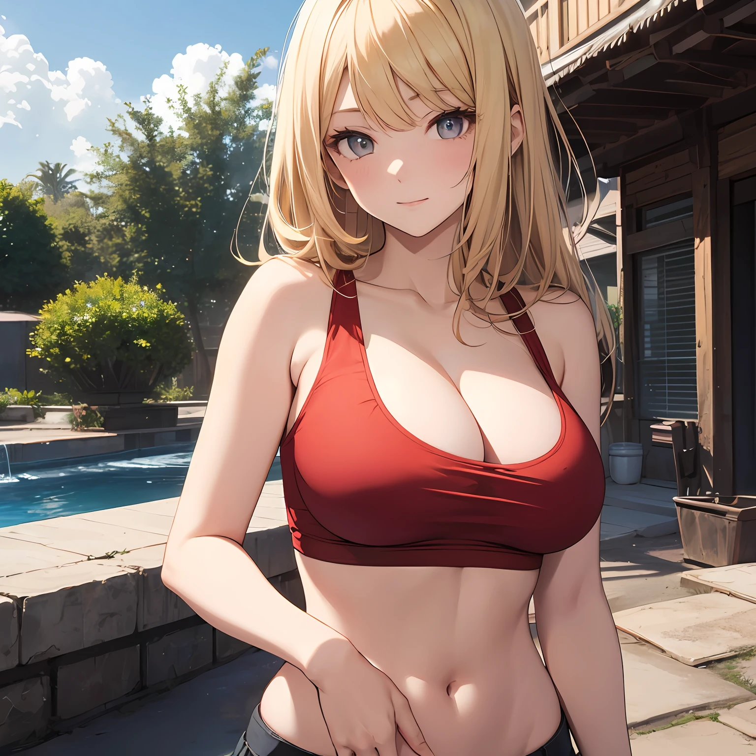 blonde girl, tank top, sexy top, red top, giant breasts, 4k, high quality, --auto