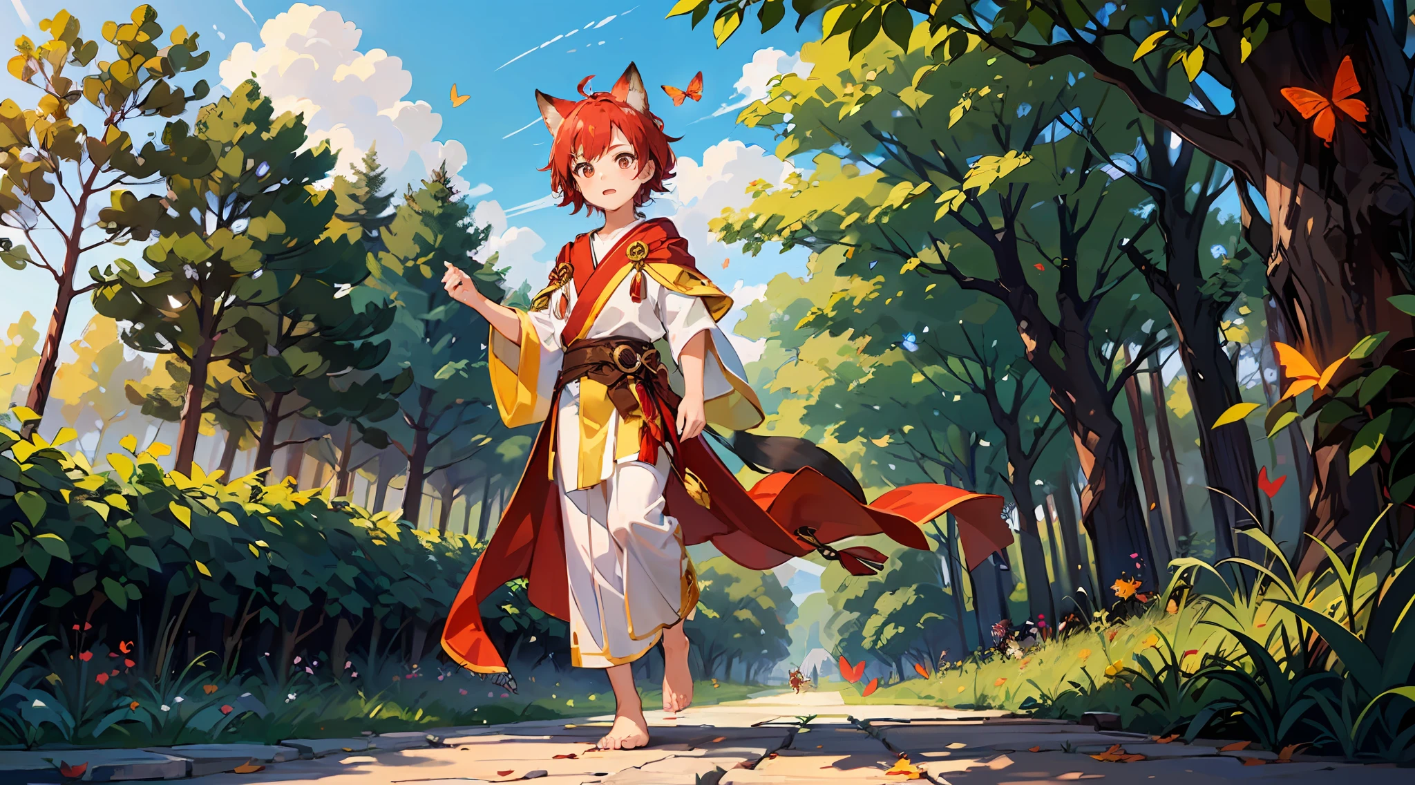 (Little boy with short red hair with golden eyes), (dressed in a golden and red fairy robe), (red fox ear tail), (handsome), (barefoot), (maple forest), (chasing butterflies)