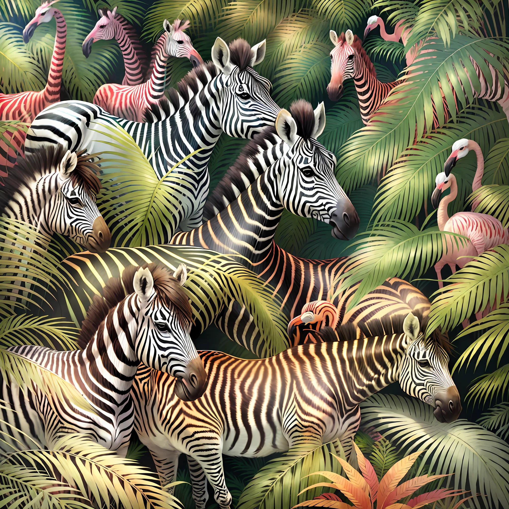 zebras and flamingos in a tropical jungle with palm trees, detailed beautiful animals, wildlife illustration, beautiful detailed illustration, in a tropical forest, zebra, by Susan Heidi, in a highly detailed jungle, amazing background, hd illustration, photorealistic print of exotic, by Lisa Milroy, zebra op art, animals wildlife, highly detailed illustration.”, high quality illustration