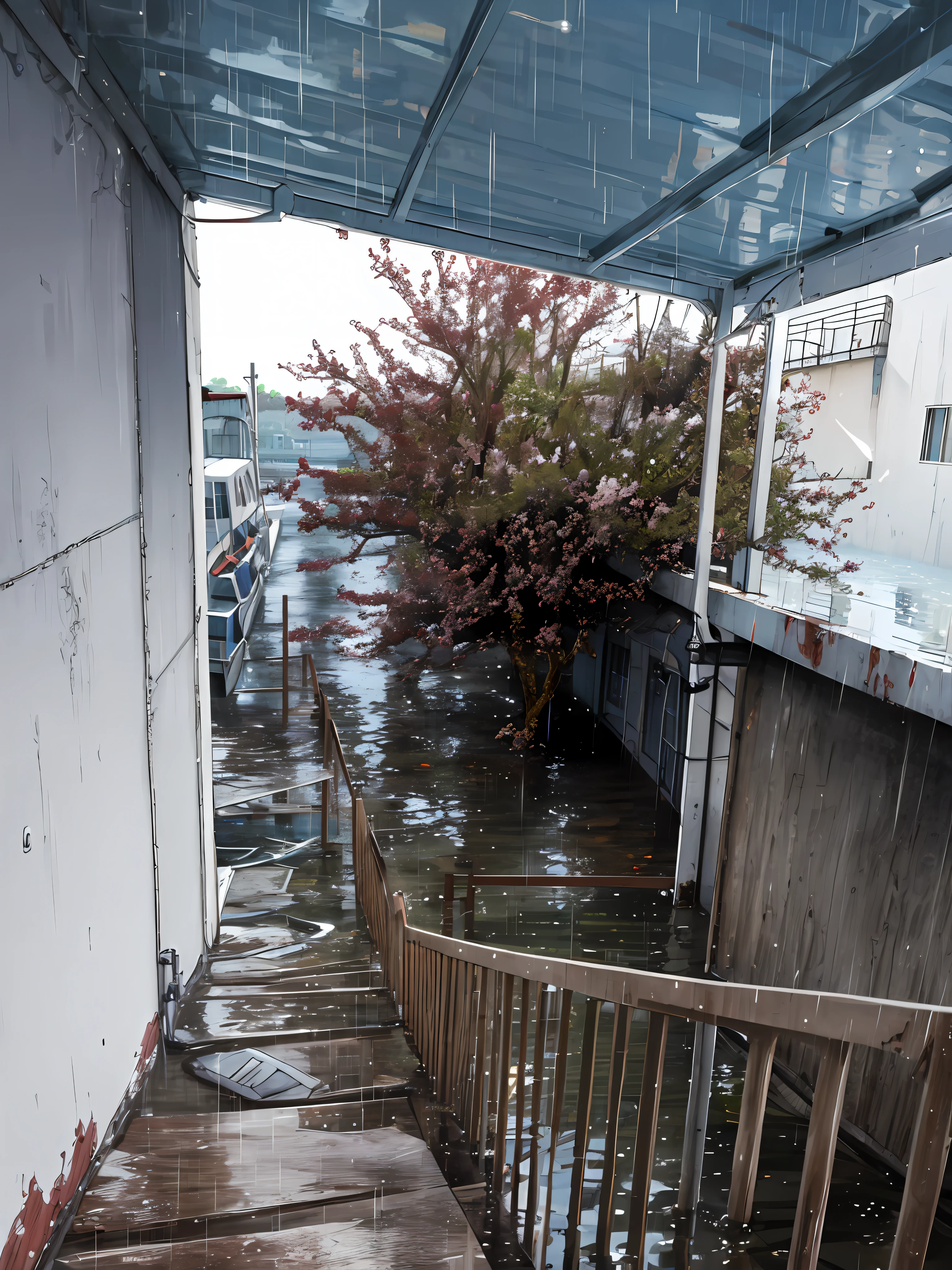 Ships, docks, completely flooded, heavy rain,