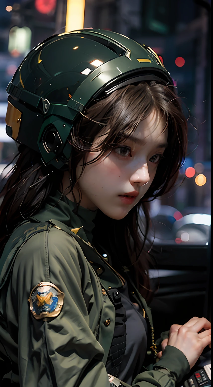 Highest image quality, outstanding details, ultra-high resolution, (realism: 1.4), the best illustration, favor details, highly condensed 1girl, with a delicate and beautiful face, dressed in a black and green mecha, wearing a mecha helmet, holding a directional controller, riding on a motorcycle, the background is a high-tech lighting scene of the future city.