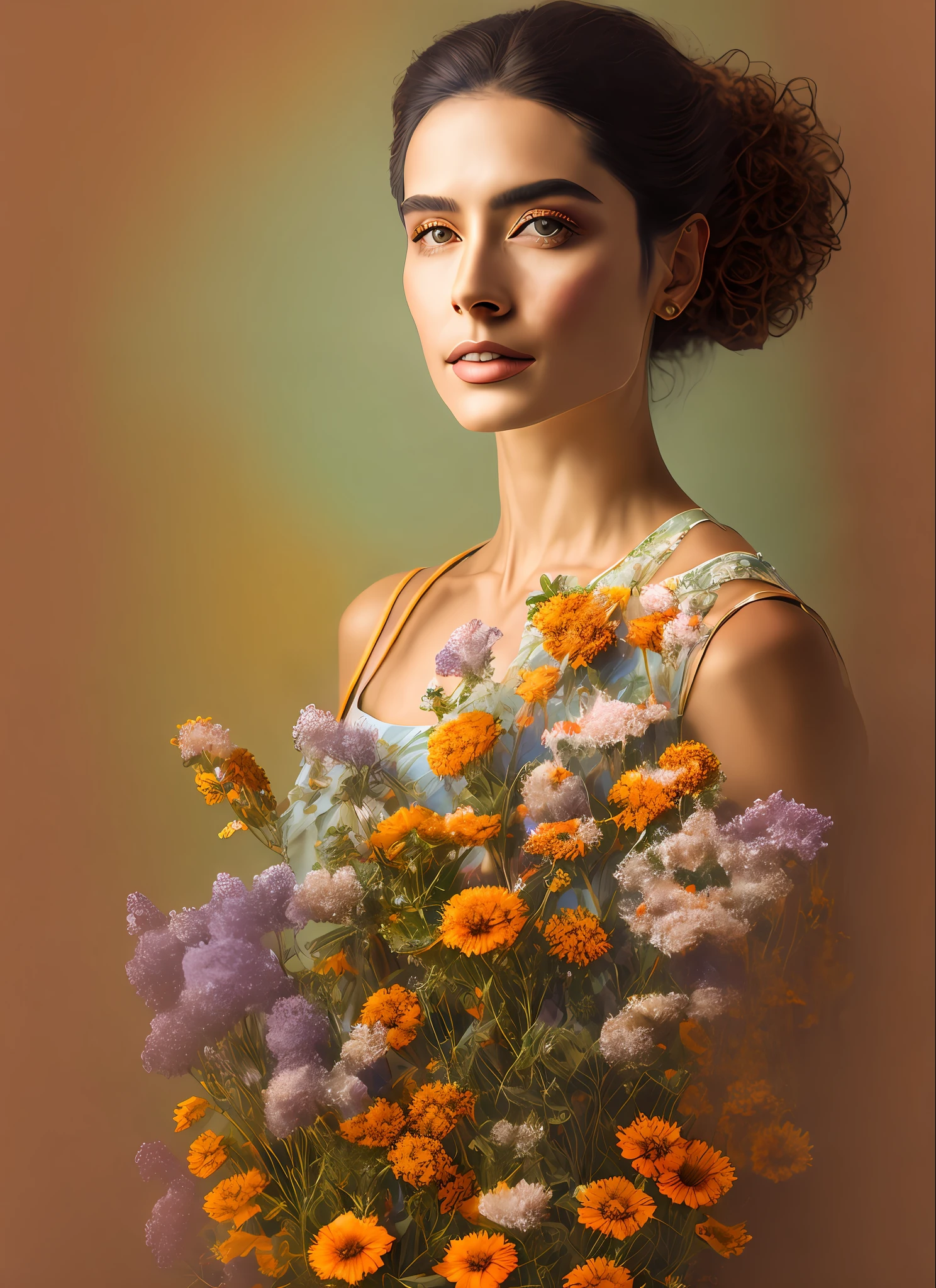 Dot matrix of Perfectly beautiful portrait of a female with flora and fauna, aesthetic background with elegant textile drapery with ornament and a bright juicy vibrant pastel scenery, everything is flying, floating in the air, dynamic composition, photorealistic wide view, rich textures rendered to degradatio, Master pencils and watercolor on paper, Golden ratio, Elite, Luxury concept art, Extremely neat, general and intricate, color gradation with few color shifts, Dynamic composition, ultra resolution, cinematic, extreme wide shot, hyperrealism, digital art, maya rendering, world made of light, soft lighting, extreme details, award winning photo, Shot Canon DSLR, f/2.8 Long Exposure, 25mm