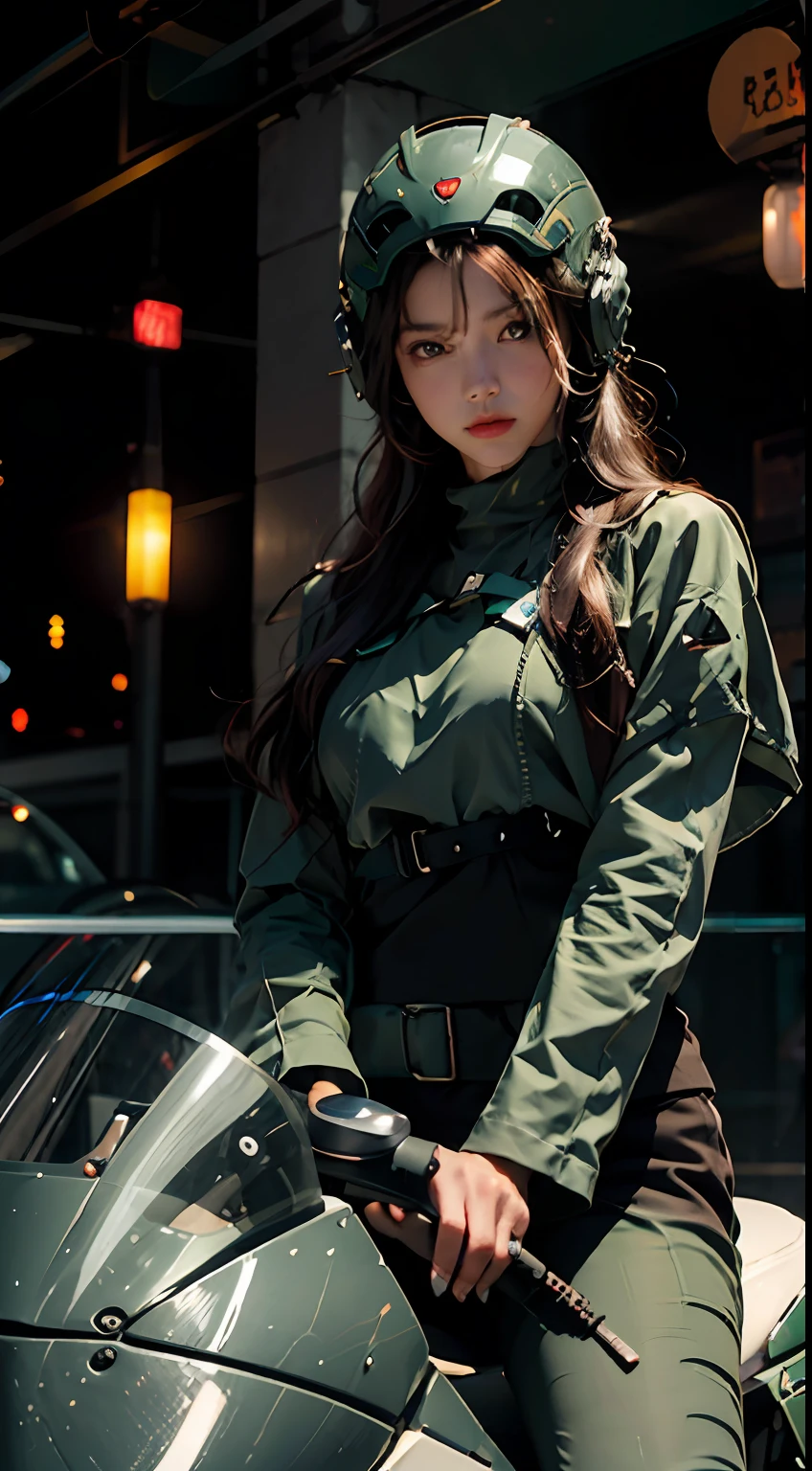 Highest image quality, outstanding details, ultra-high resolution, (realism: 1.4), the best illustration, favor details, highly condensed 1girl, with a delicate and beautiful face, dressed in a black and green mecha, wearing a mecha helmet, holding a directional controller, riding on a motorcycle, the background is a high-tech lighting scene of the future city.