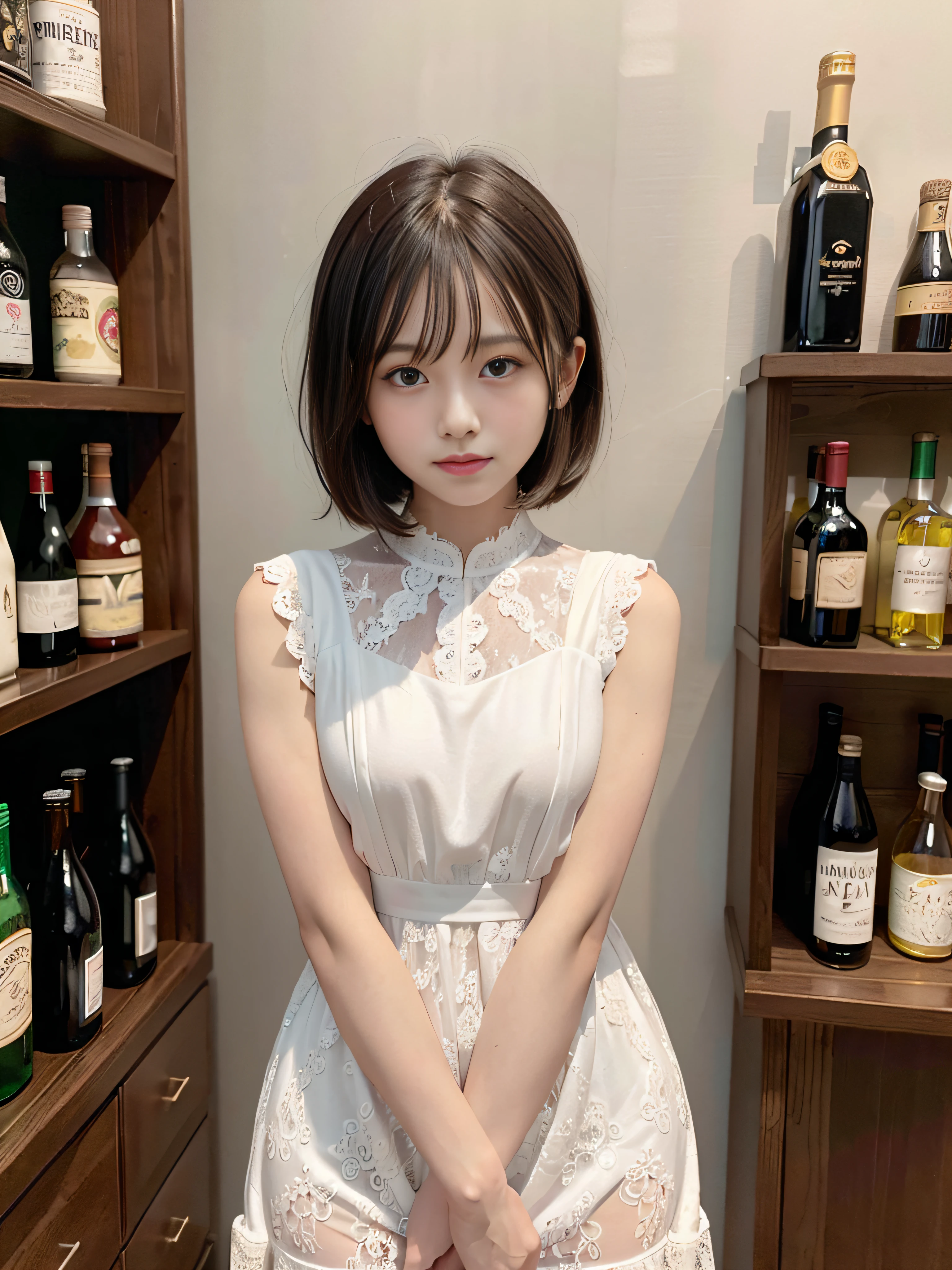 (RAW Photo, Photorealistic, Masterpiece, Best quality), Anatomy Human body, 1girl, head to crotch, 6headed body, ((stand straight and arms down)), (((all white lace dress))), Pro lighting, (yo japanese, smallest head, bob cut, infant very round face, super detailed face,smile droopy largest eyes, child waist line), black carpet, black ceiling, black walls, standing in front of black shelves lined with liquor bottles