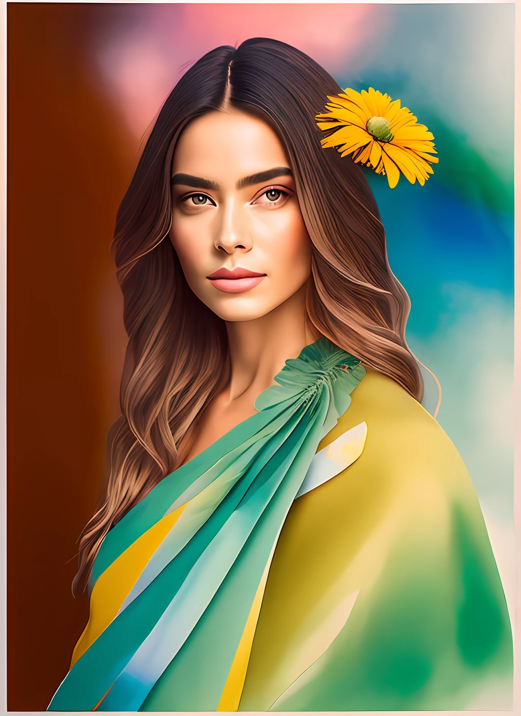 Dot matrix of Perfectly beautiful portrait of a female with flora and fauna, aesthetic background with elegant textile drapery with ornament and a bright juicy vibrant pastel scenery, everything is flying, floating in the air, dynamic composition, photorealistic wide view, rich textures rendered to degradatio, Master pencils and watercolor on paper, Golden ratio, Elite, Luxury concept art, Extremely neat, general and intricate, color gradation with few color shifts, Dynamic composition, ultra resolution, cinematic, extreme wide shot, hyperrealism, digital art, maya rendering, world made of light, soft lighting, extreme details, award winning photo, Shot Canon DSLR, f/2.8 Long Exposure, 25mm