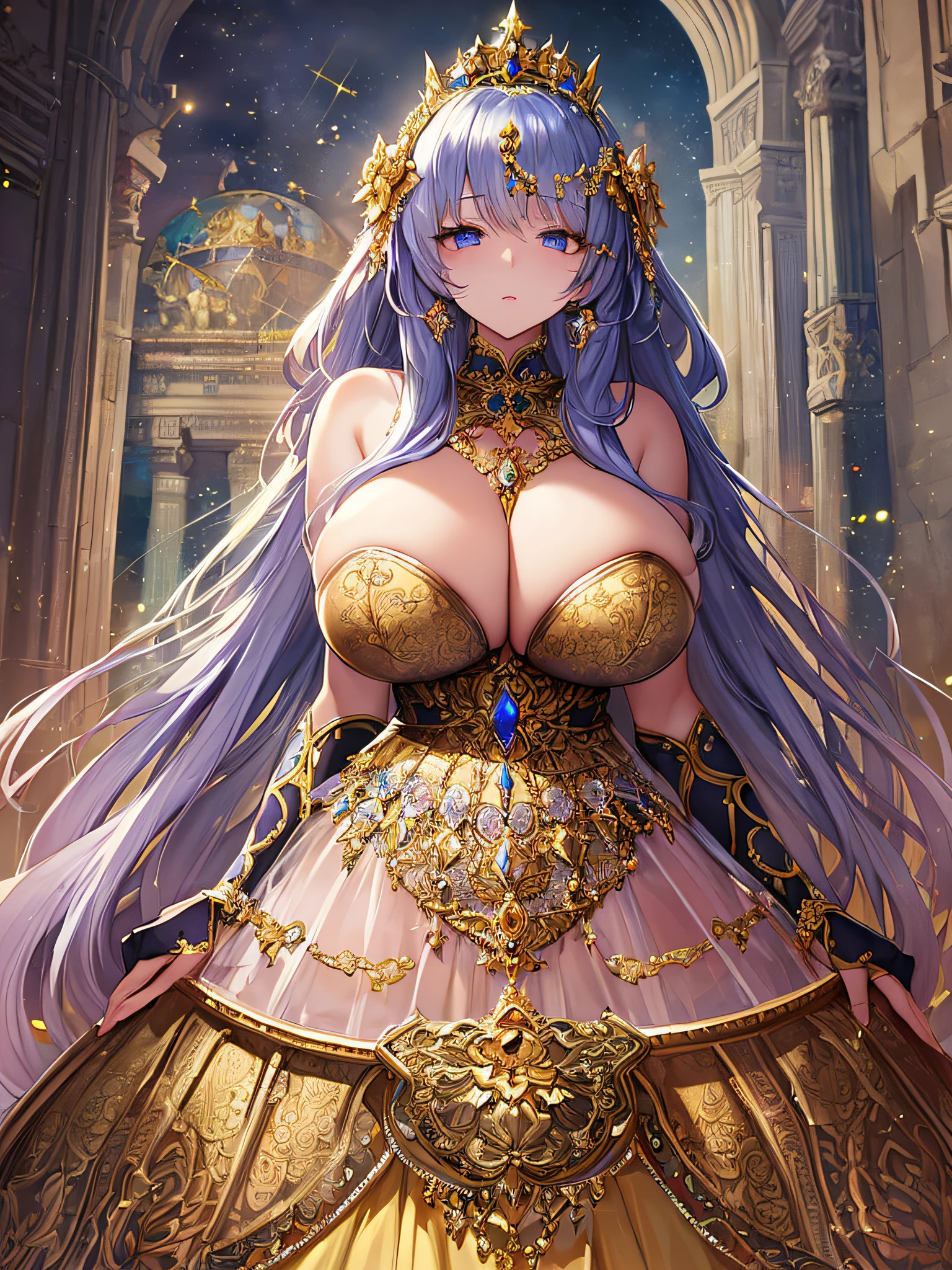 ((sacred atmosphere)),anime artstyle,(Masterpiece),(Best Quality), (Super Detail),Illustration,((Very Delicate and Beautiful)),Focus on character,Dynamic Angle,Looking at viewer,((Solo)),standing,(((full body))),((one noble princess in gorgeous ball gown with voluminous skirt)),detailed face and eyes,jewel-like eyes,((Very Long voluminous Hair)),gorgeous embroidery and lace,See-through,ornate ruffles,Gorgeous jewelry ornaments,luxury hair ornament,luxury tiara with jewels,(gigantic breasts,Long breasts),full body,((gorgeous ball gown with voluminous skirt))