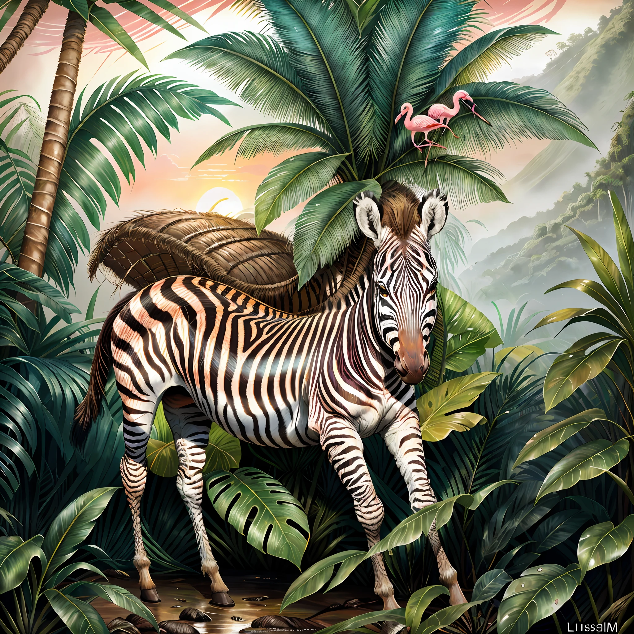 zebras and flamingos in a tropical jungle with palm trees, lush bodies, beautiful detailed animals, wildlife illustration, beautiful detailed illustration, in a rainforest, wet, damp, foliage after rain, sunset, zebra, by Susan Heidi, in a highly detailed jungle, amazing background, hd illustration, photorealistic exotic printing, by Lisa Milroy, zebra op art,  wild animals, high quality illustration, highly detailed illustration.", hildebrandt (((realism diffusion)))