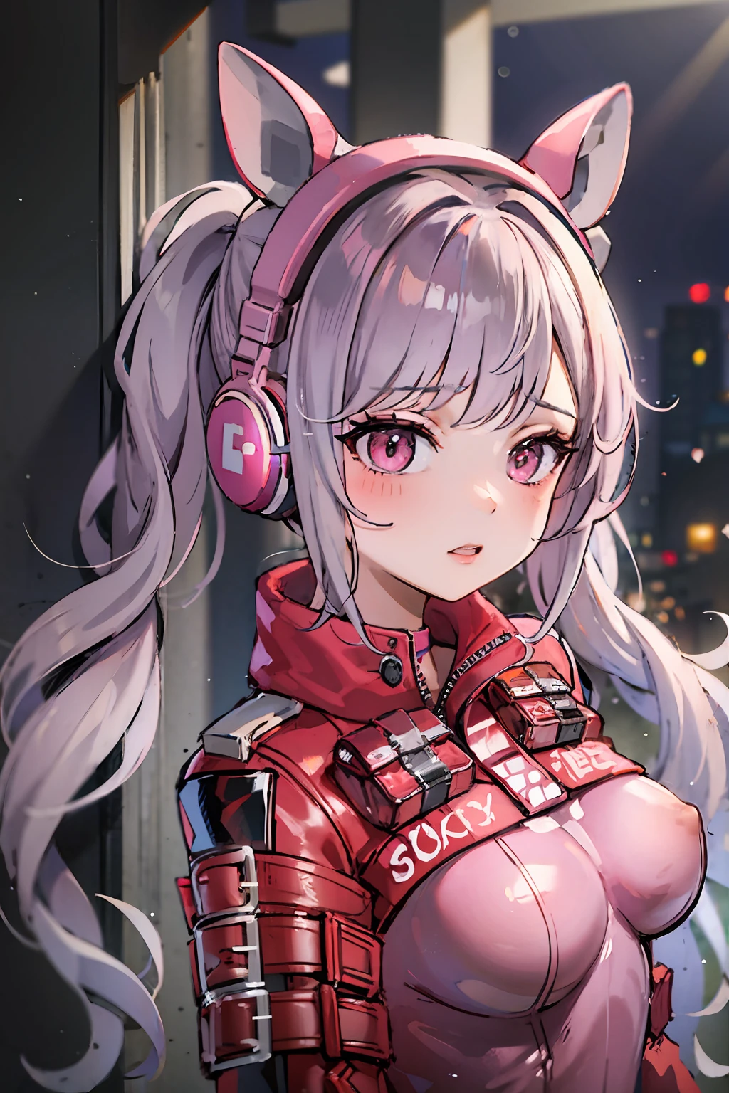 girl, cat-ear headphones, colourful hair, pink hair highlights, cute egirl face, lip gloss, sexy pink bodysuit