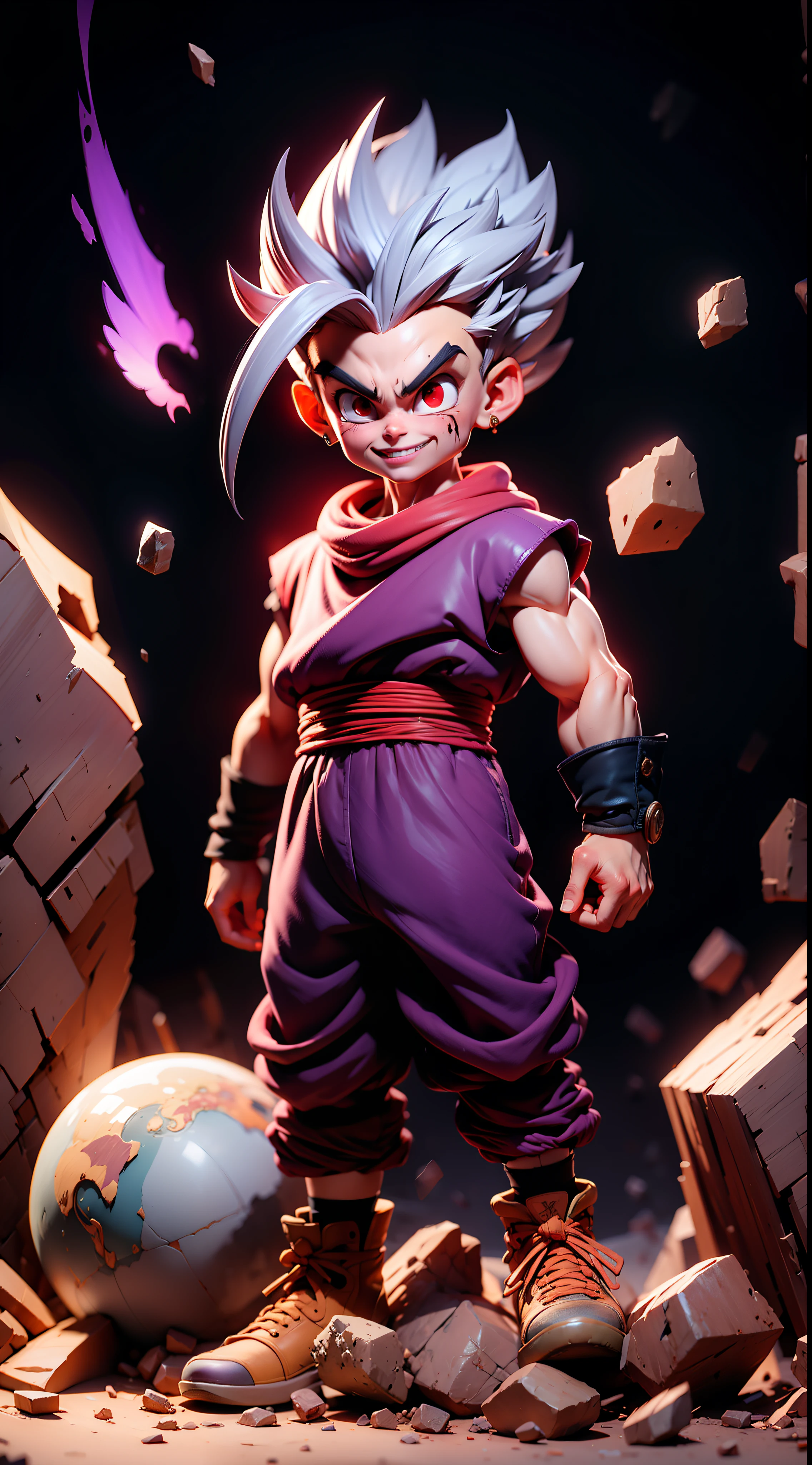 masterpiece, best quality, ultra-detailed, Adult Gohan 1boy, solo, Full body, evil smile, grey hair, spiked hair, (((red eyes))), (((perfect eyes))), (((PURPLE dougi))), full body, looking at viewer, male focus, earth \(planet\), planet, space, cracked ground and lots of rocks rising up, lots of debris going up, perfect hands . Cute, chibi,